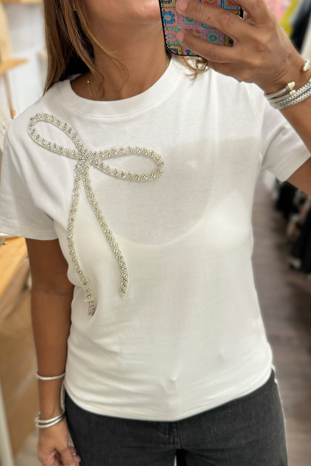 White Rhinestone Bow Embellished Round Neck Tee - loveforevers