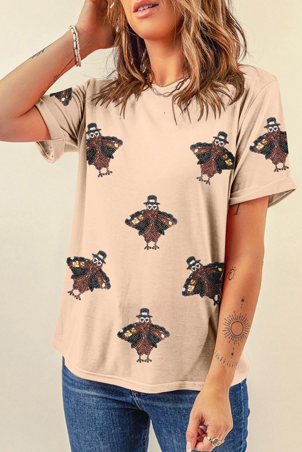Khaki Sequined Turkey Patched Pattern Crewneck Thanksgiving T Shirt - loveforevers
