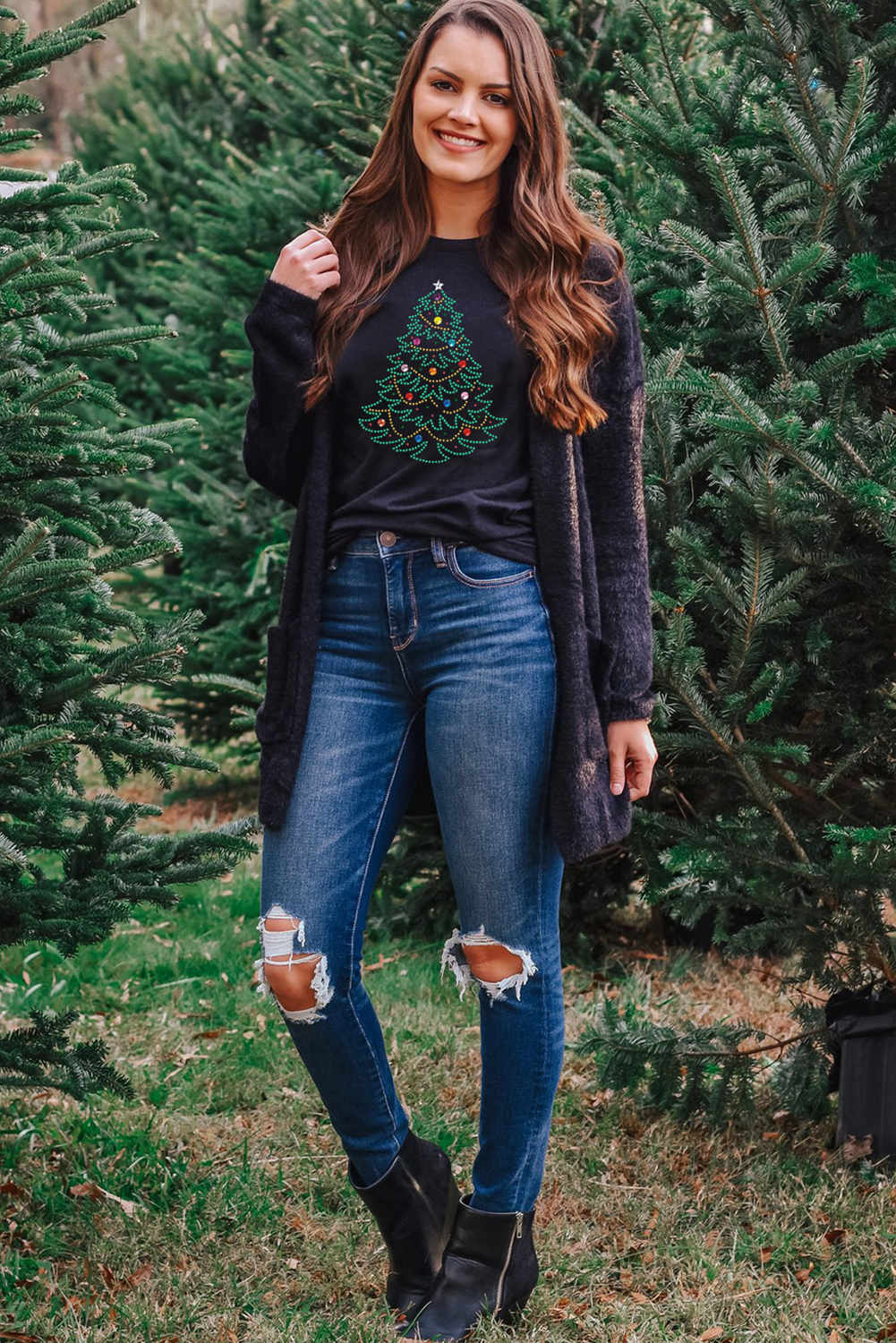 Black Rhinestone Christmas Tree Round Neck Graphic Tee - loveforevers
