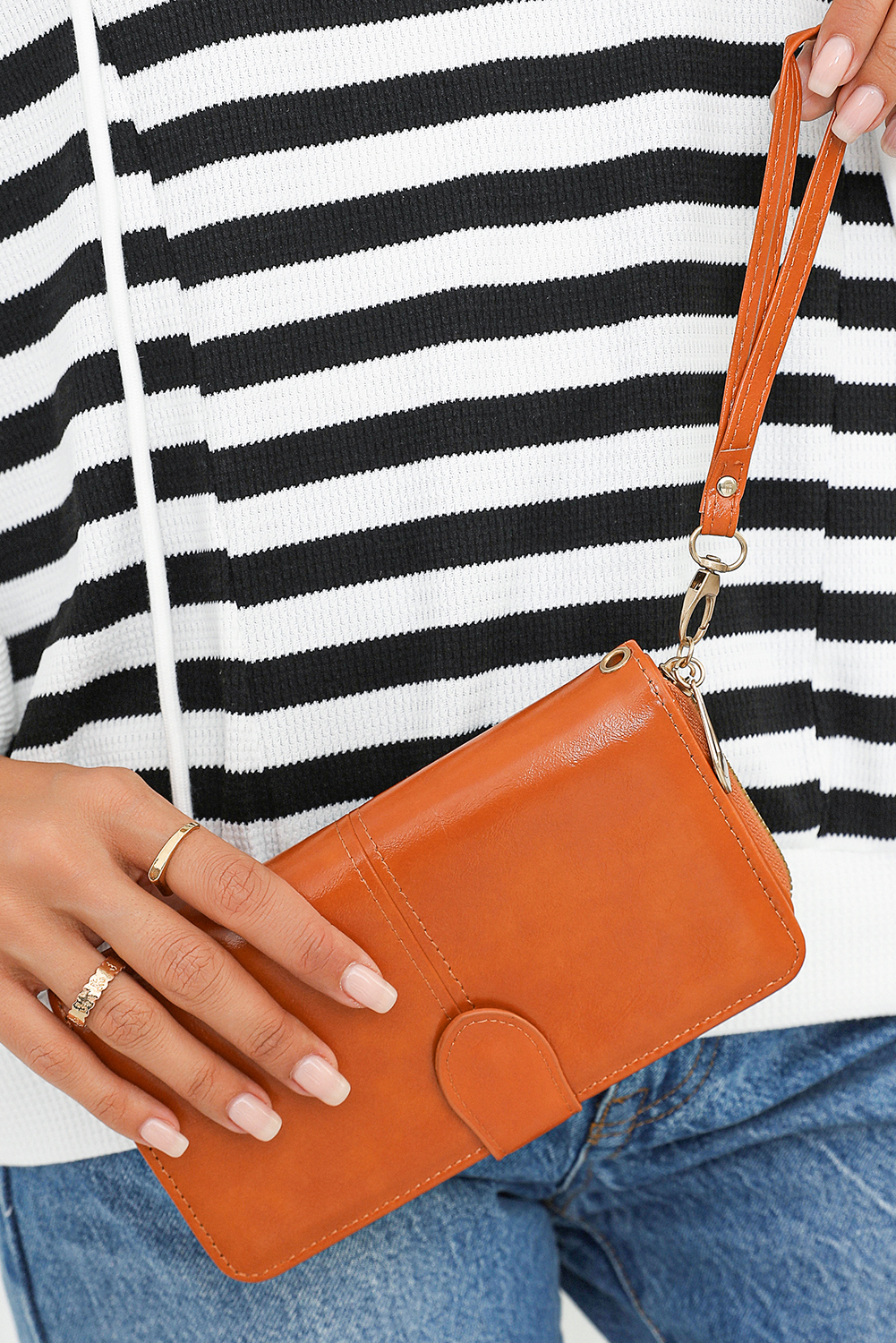 Cinnamon Faux Leather Zip Around Wrist Strap Long Wallet - loveforevers
