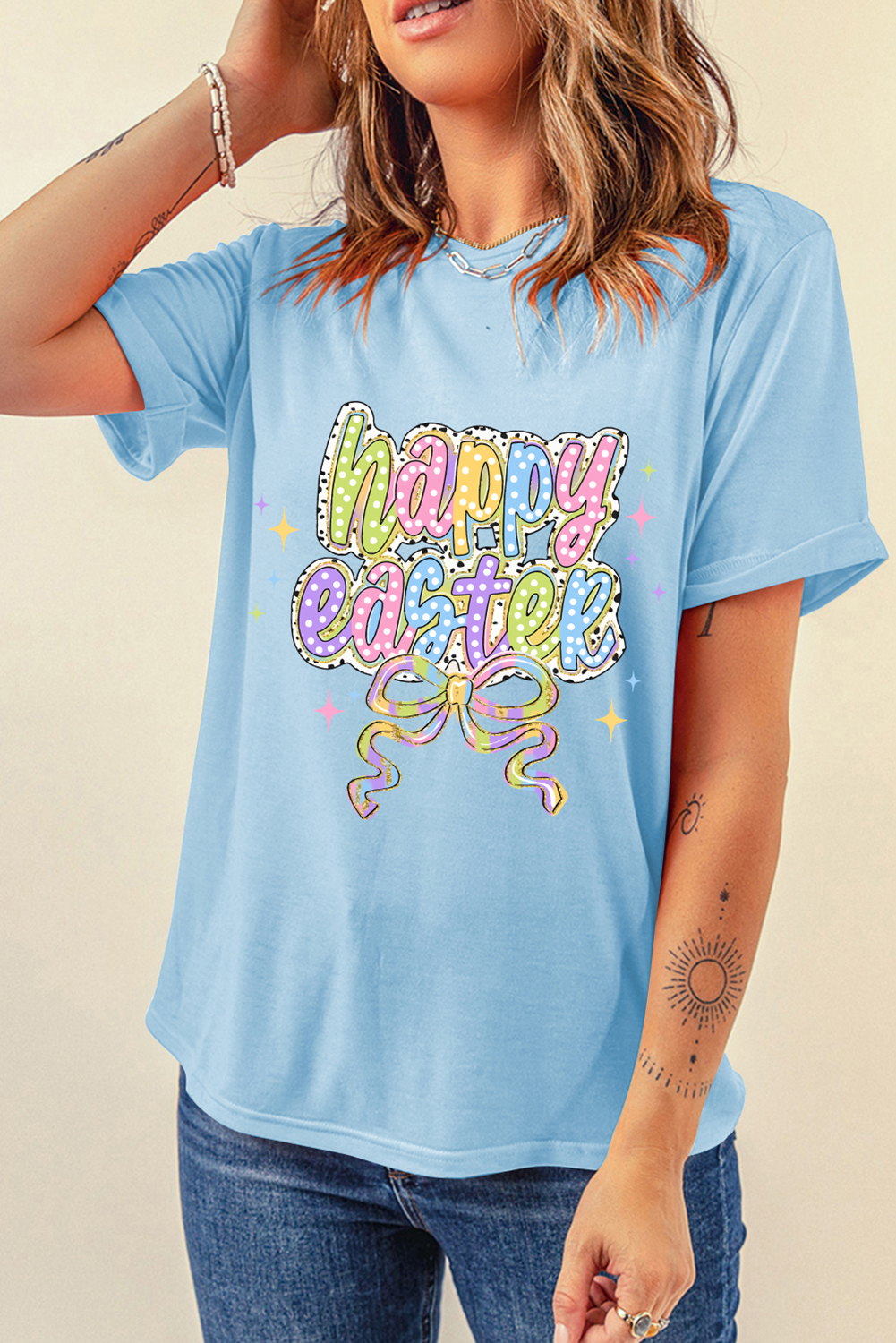 Light Blue happy easter Bowknot Printed Crewneck T Shirt - loveforevers