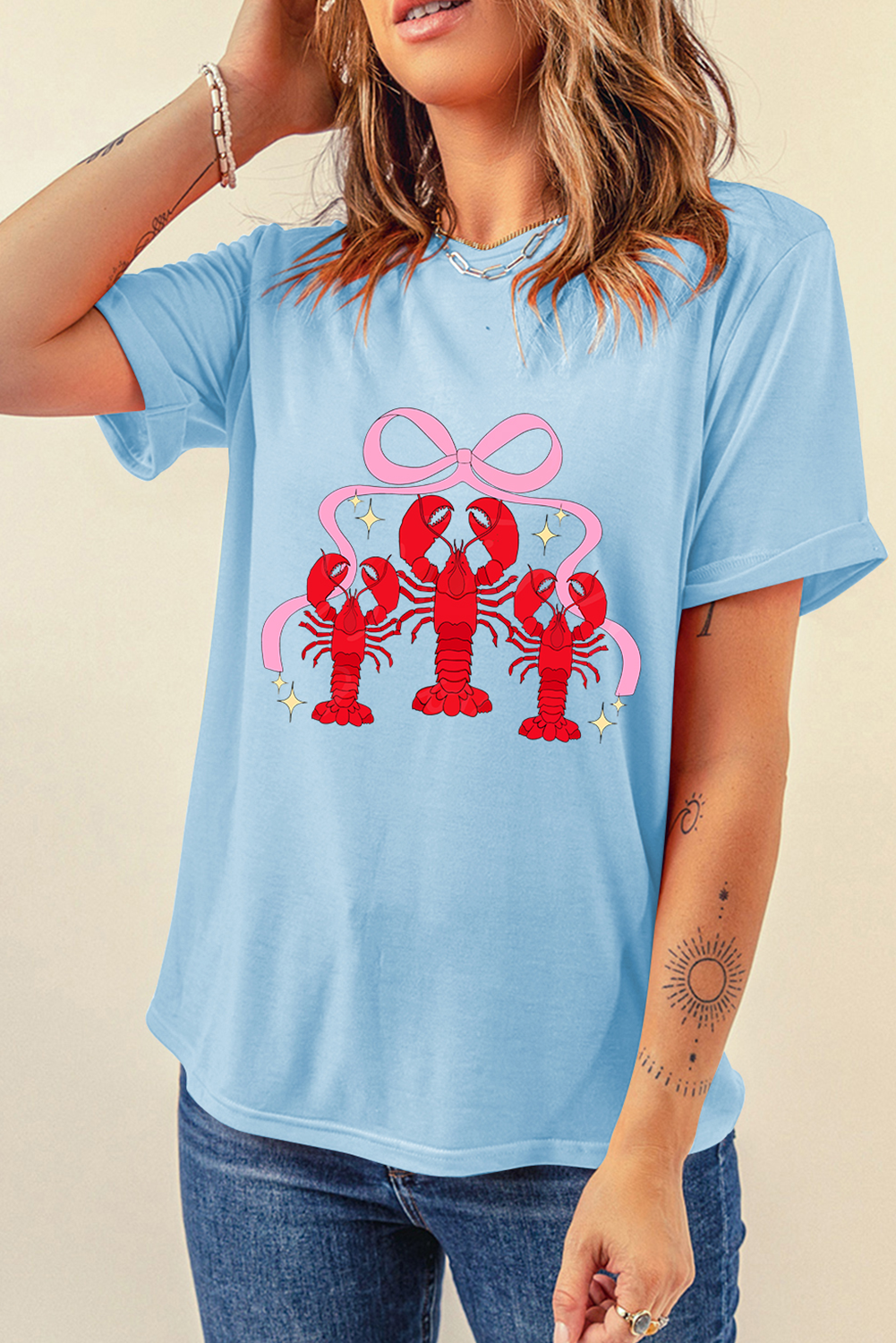 Light Blue Bow Crawfish Printed Relaxed Fit T Shirt - loveforevers