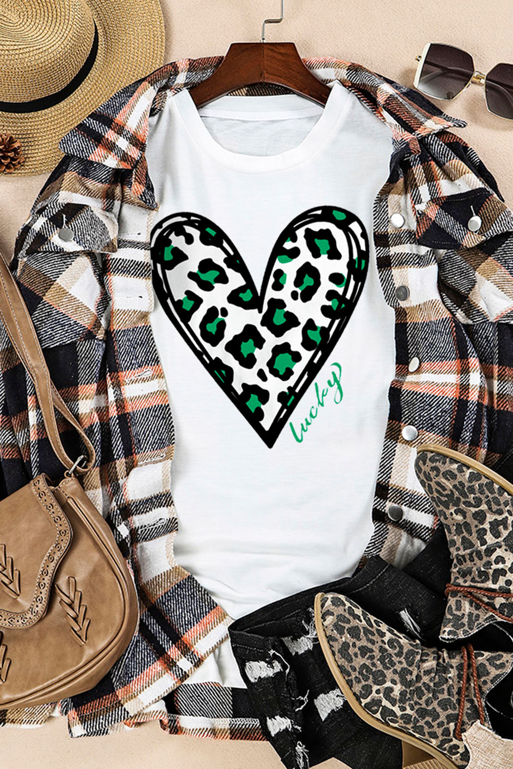 White Lucky Leopard Heart Print St Patricks Day T Shirt - loveforevers
