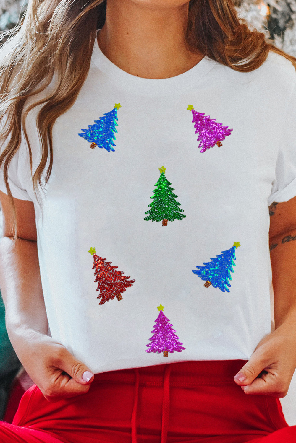 White Glitter Christmas Tree Pattern Cuffed Sleeve Christmas T Shirt - loveforevers