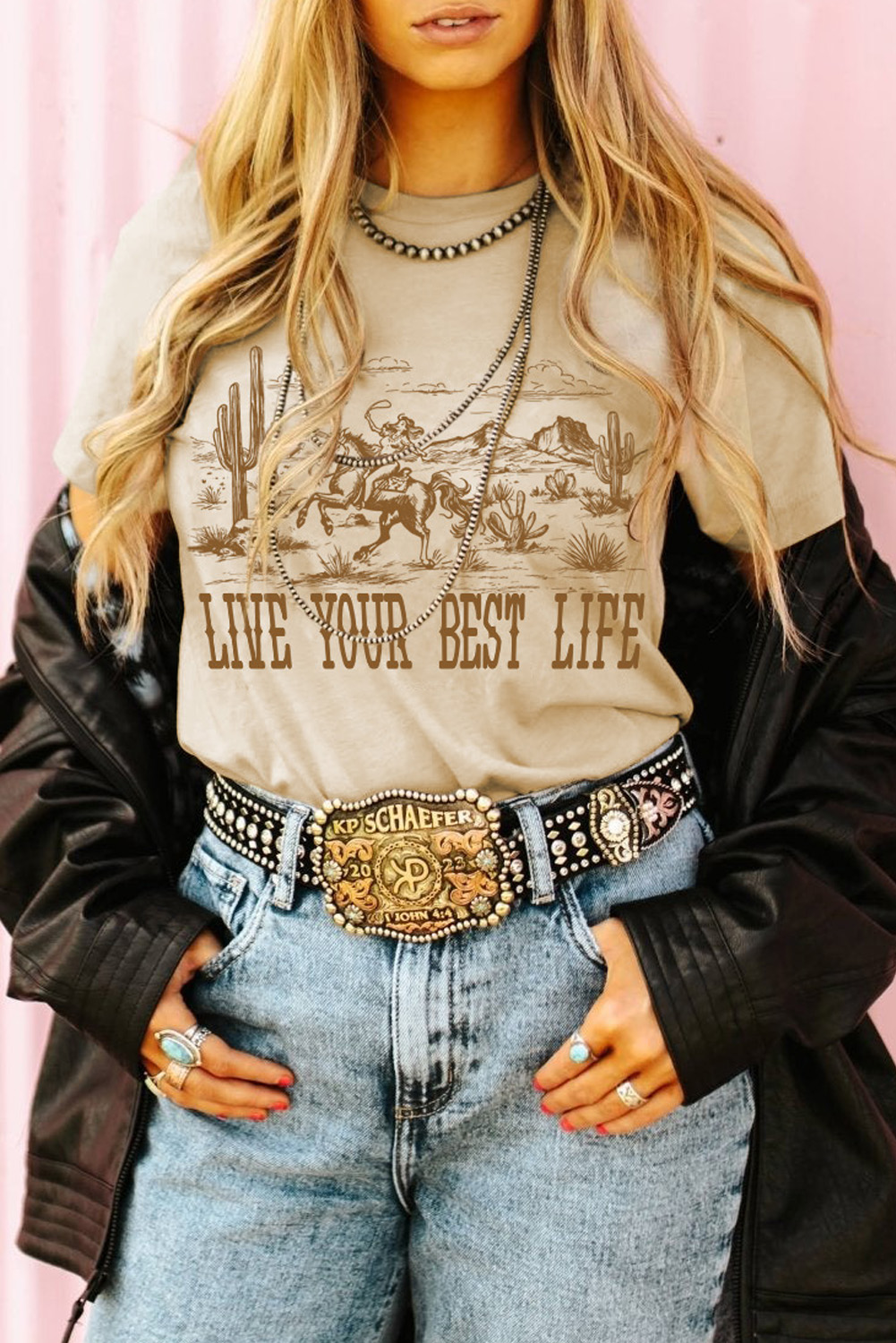 Beige LIVE YOUR BEST LIFE Crew Neck Western Graphic Tee - loveforevers