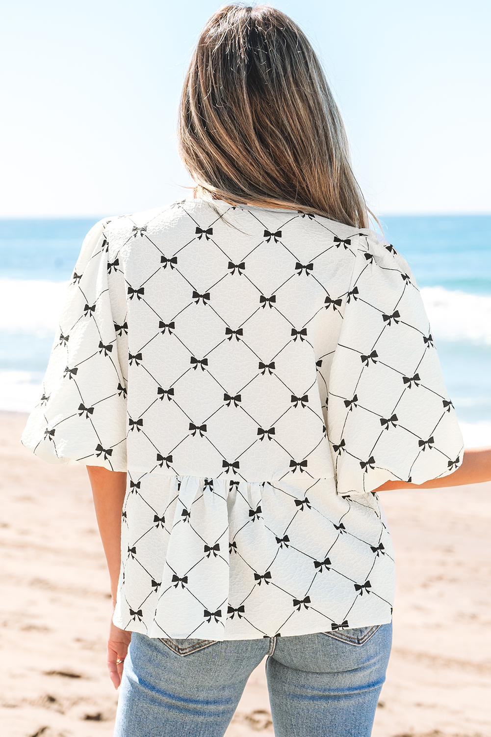 White Bowknot Print Front Knots Bubble Sleeve Blouse - loveforevers