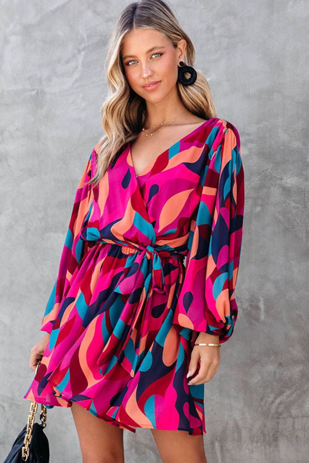 Fiery Red Abstract Printed Belted Puff Sleeve Mini Dress - loveforevers