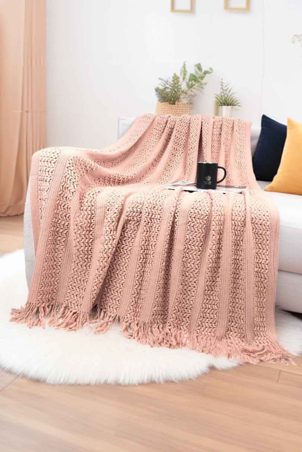 Dusty Pink Fashion Texture Design Tassel Trim Blanket - loveforevers