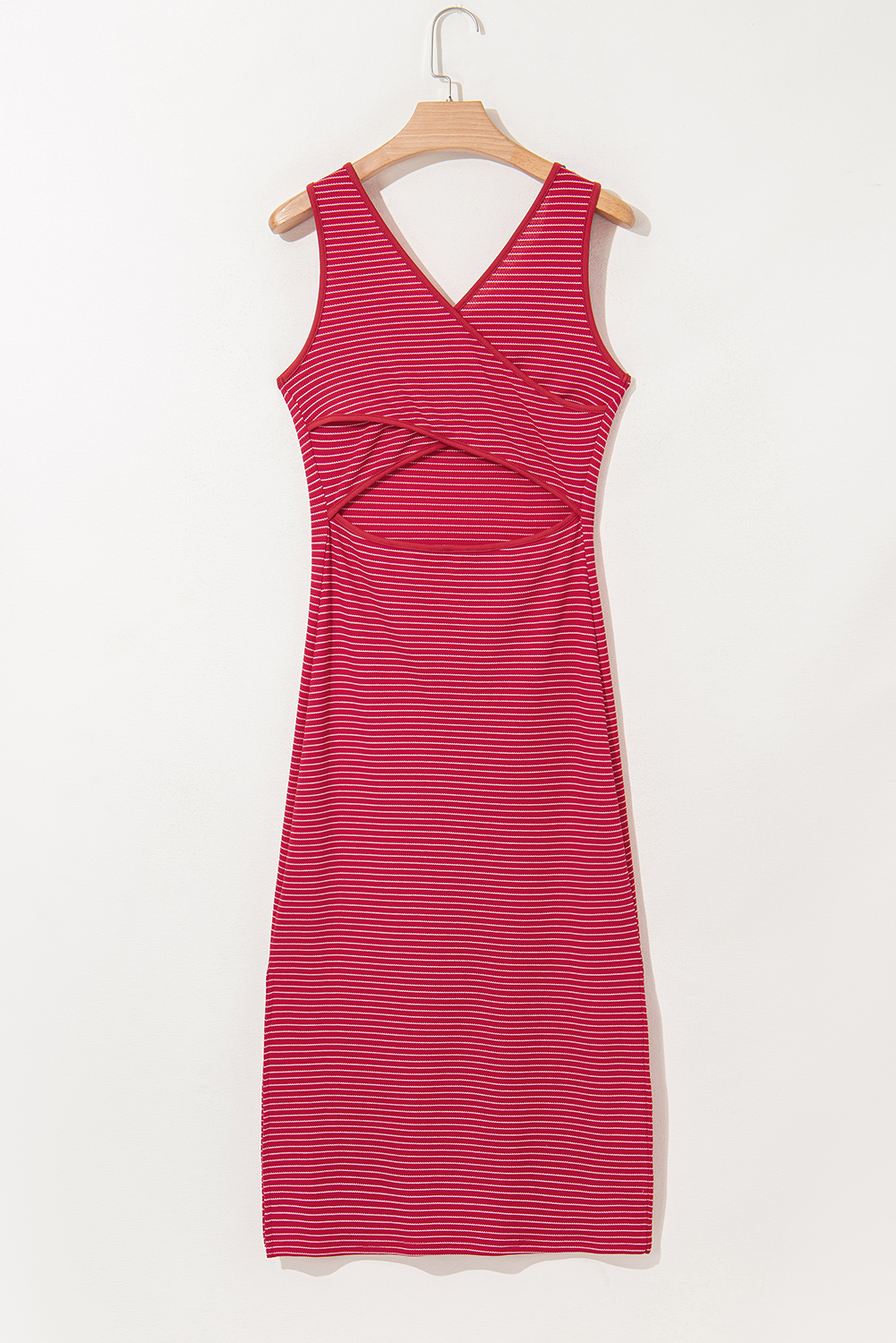 Red Stripe Criss Cross Side Slits Slim Fit Sleeveless Midi Dress - loveforevers