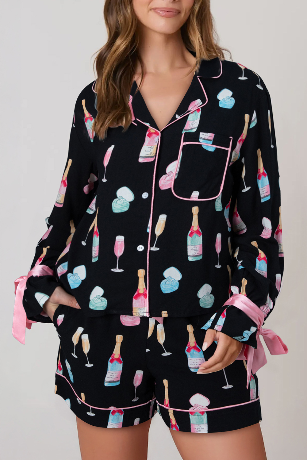 White Christmas Wine Glass Print Bow Knot Two Piece Pajama Set - loveforevers