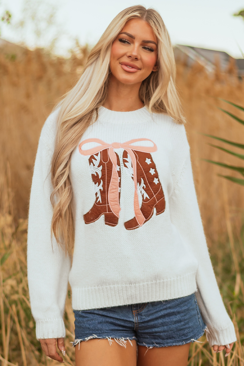 White Embroidered Bow Boots Graphic Drop Shoulder Sweater - loveforevers