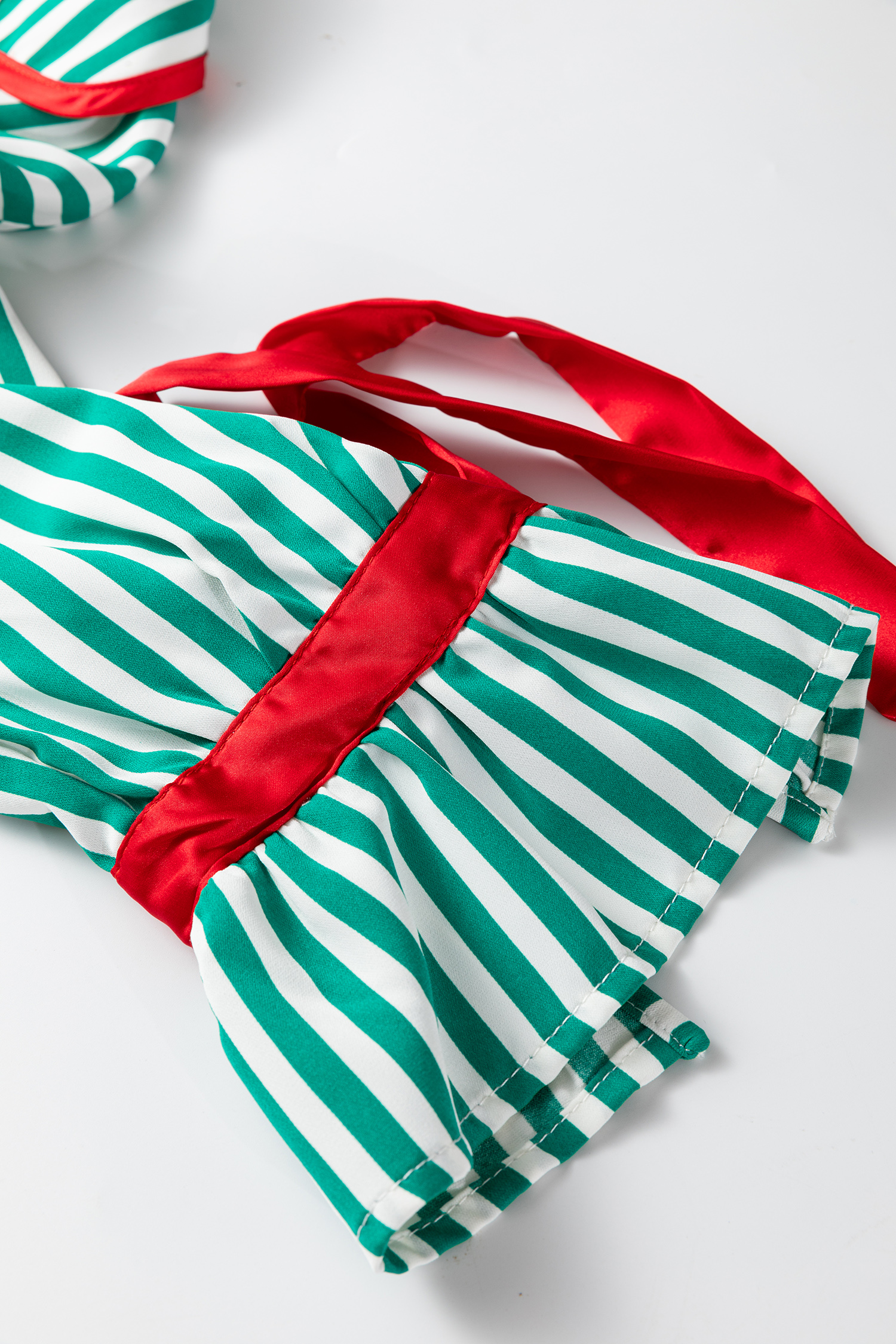Red Stripe Contrast Velvet Trim Bow Knot Waist 2pcs Pajama Set - loveforevers
