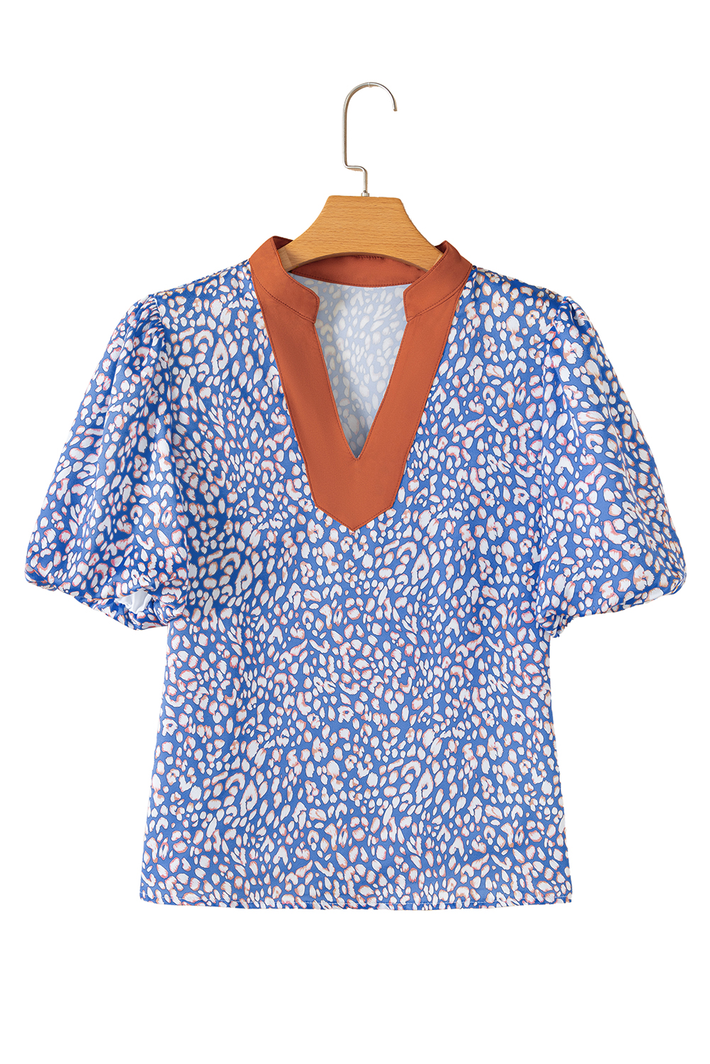Ashleigh Blue Leopard Print Spot Contrast V Neck Half Puff Sleeve Shirt - loveforevers