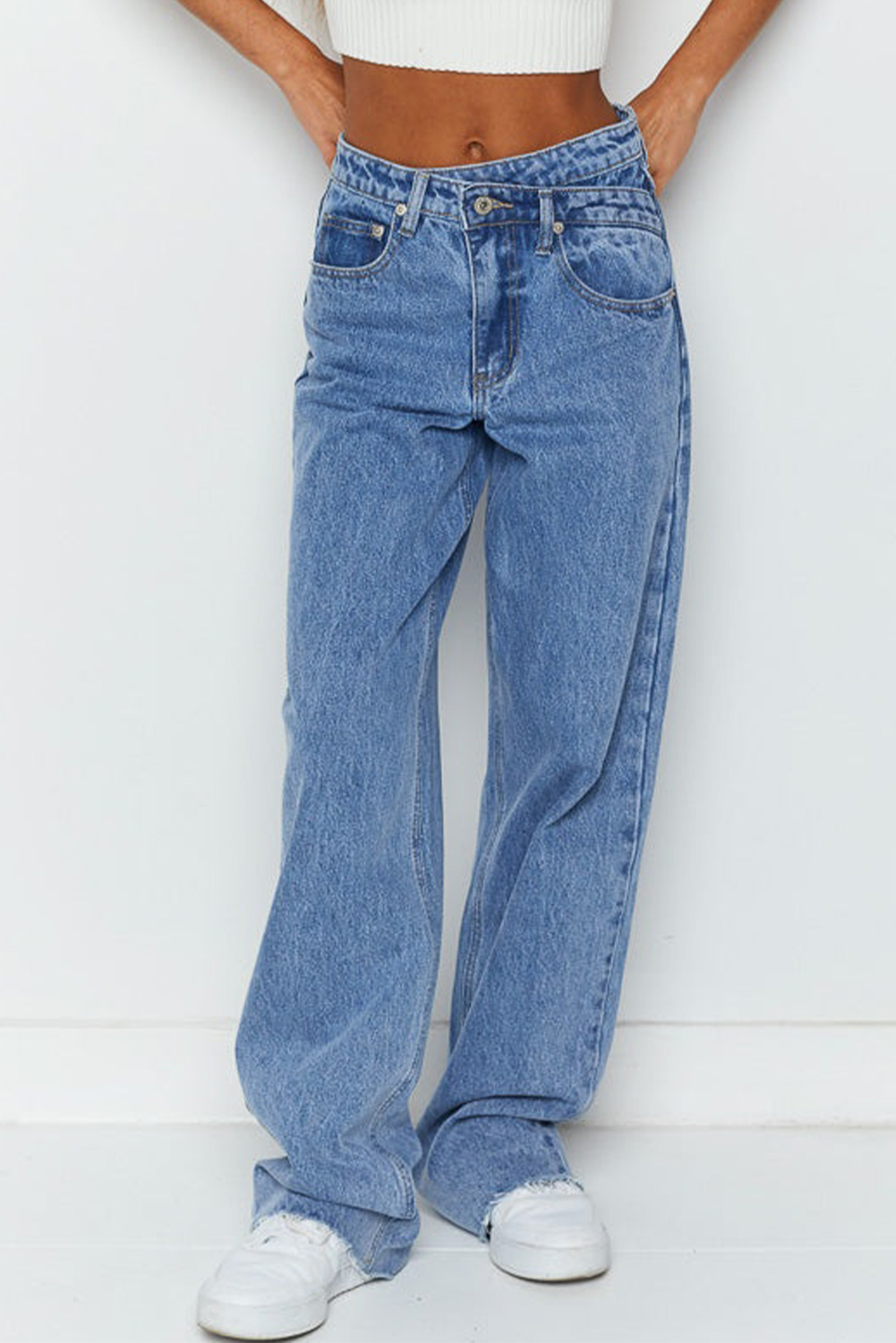 Blue Mid Rise Asymmetrical Waist Wide Leg Jeans - loveforevers