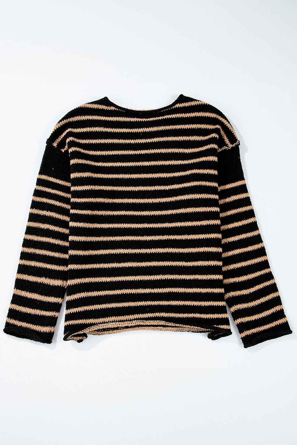 Black Stripe Drop Shoulder Round Neck Loose Sweater - loveforevers