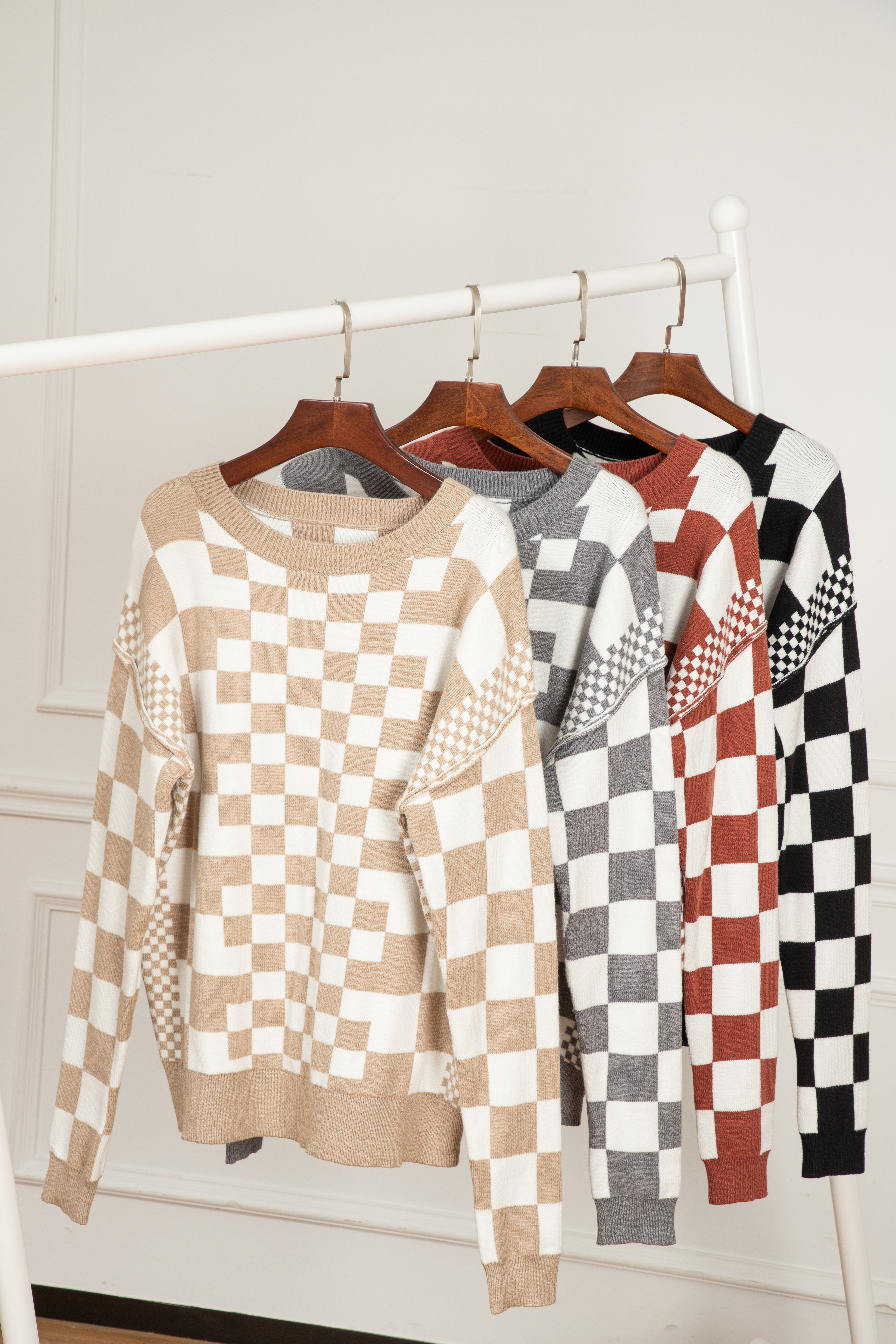 Khaki Checkered Print Drop Shoulder Round Neck Sweater - loveforevers