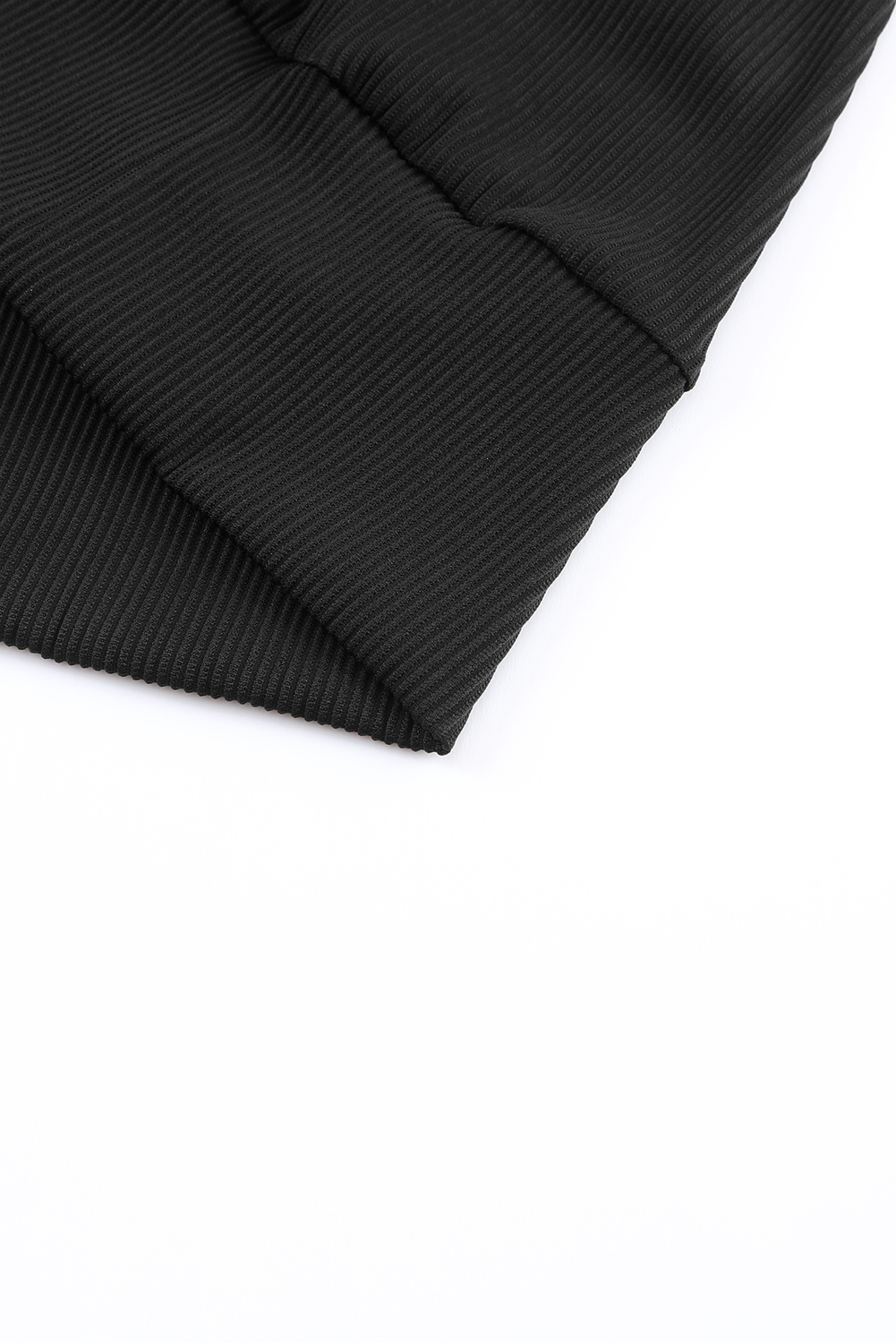 Black Ribbed Texture Lace Trim V Neck Long Sleeve Top - loveforevers