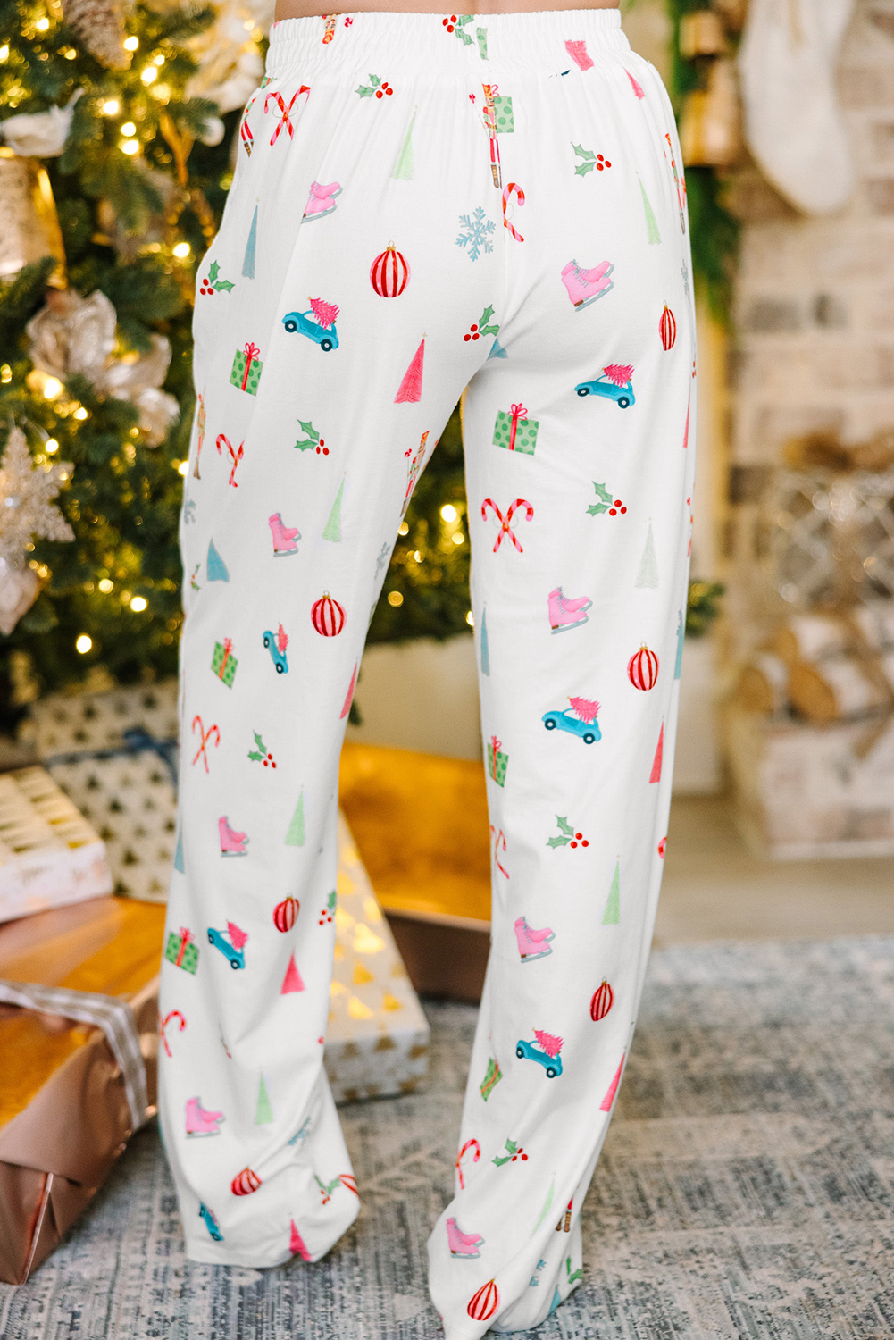 White Christmas Print Lapel Shirt and Pants Sleepwear - loveforevers