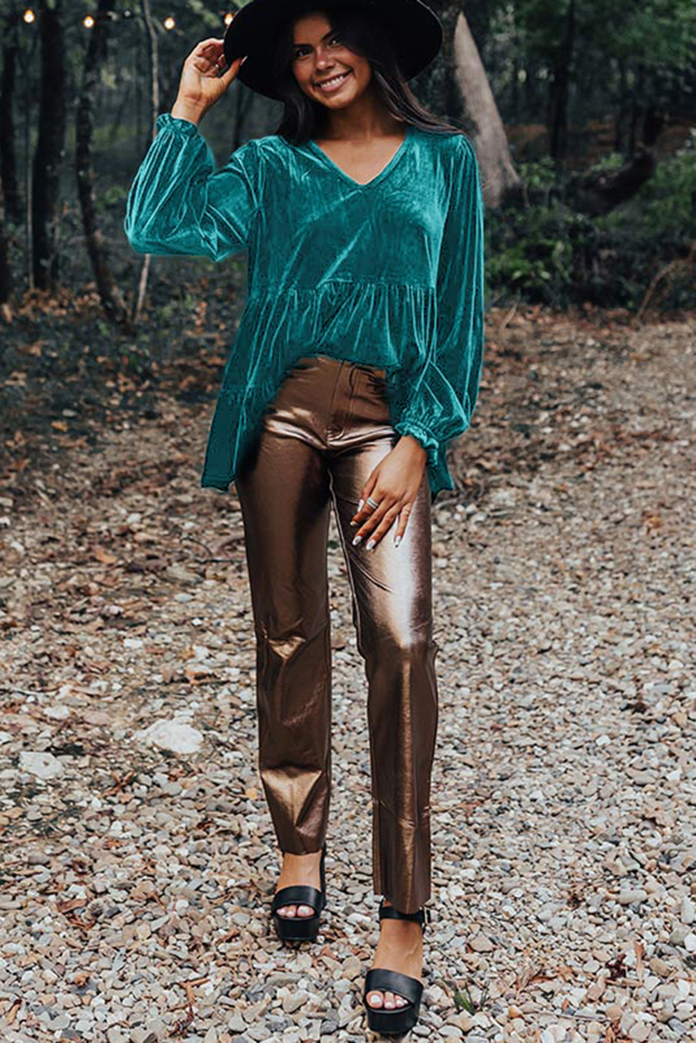 Sea Green Velvet V Neck Peplum Hem Puff Sleeve Blouse - loveforevers