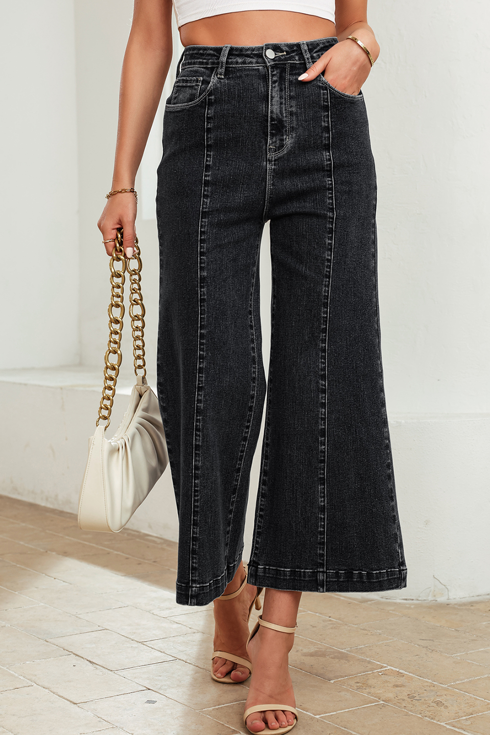 Black Plain Seam Detail Flared Bottom Ankle Length Jeans - loveforevers