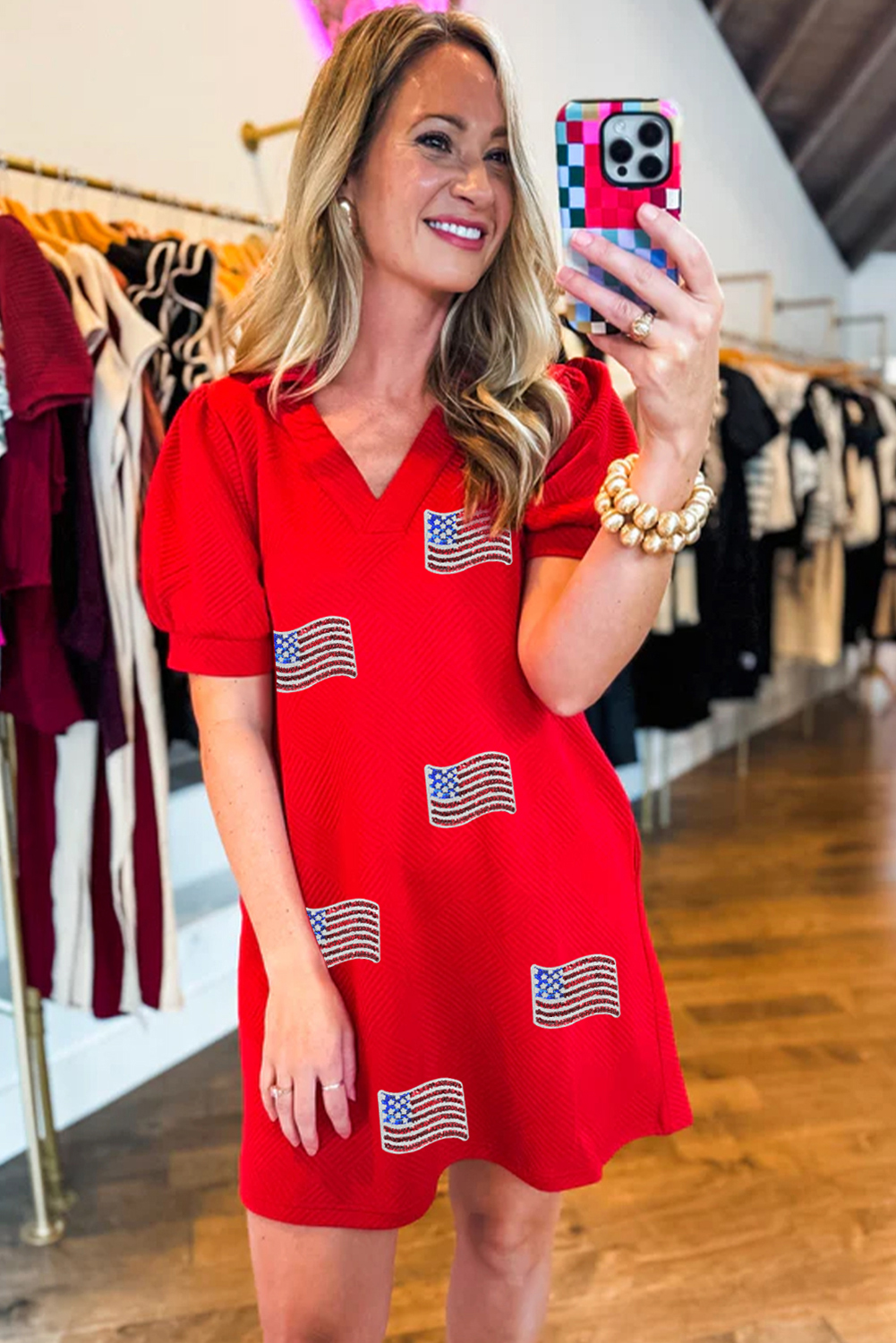 Fiery Red Sequin American Flag Patched Polo Collar Textured T Shirt Dress - loveforevers