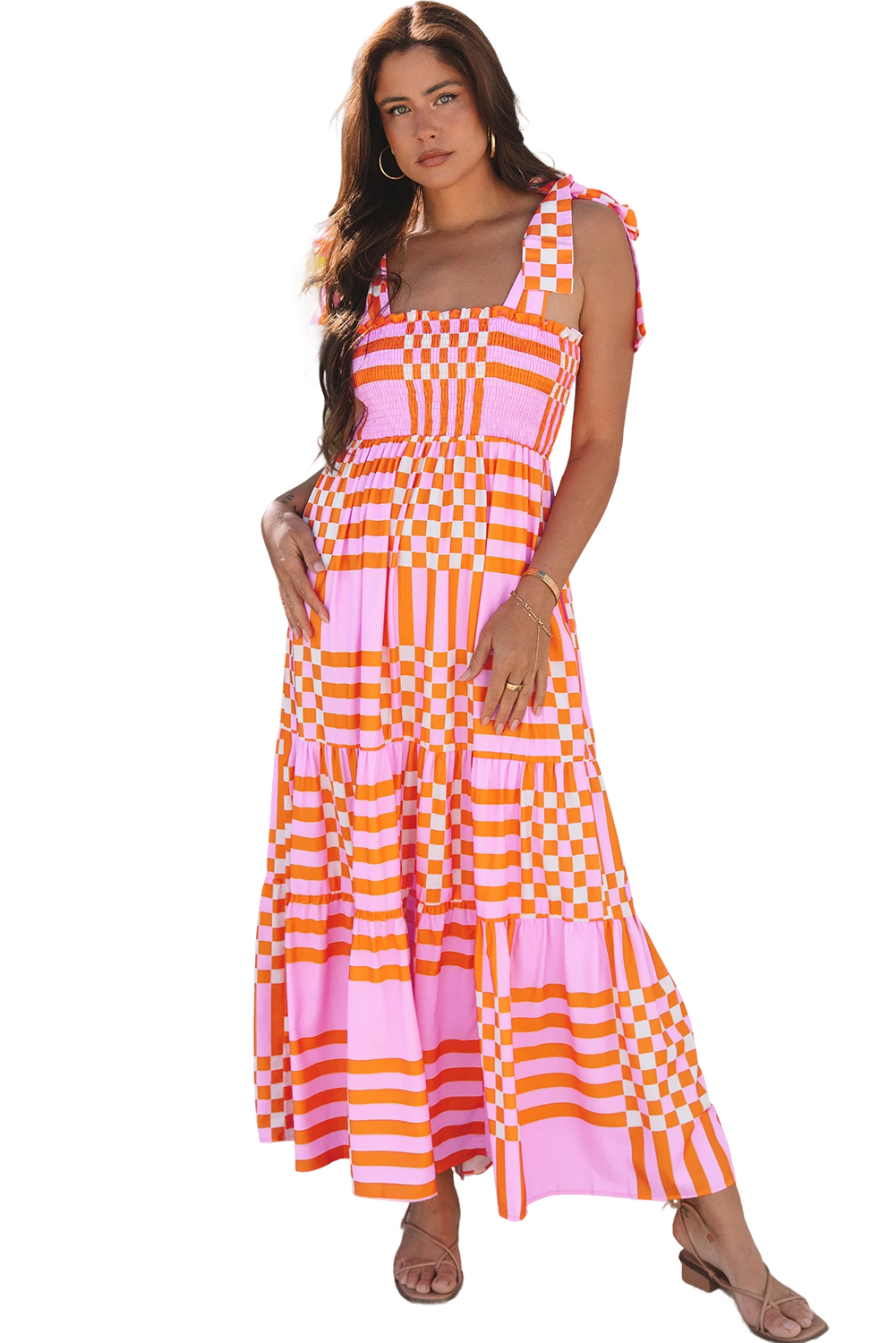 Pink Boho Gingham Tied Straps Smocked Maxi Dress - loveforevers
