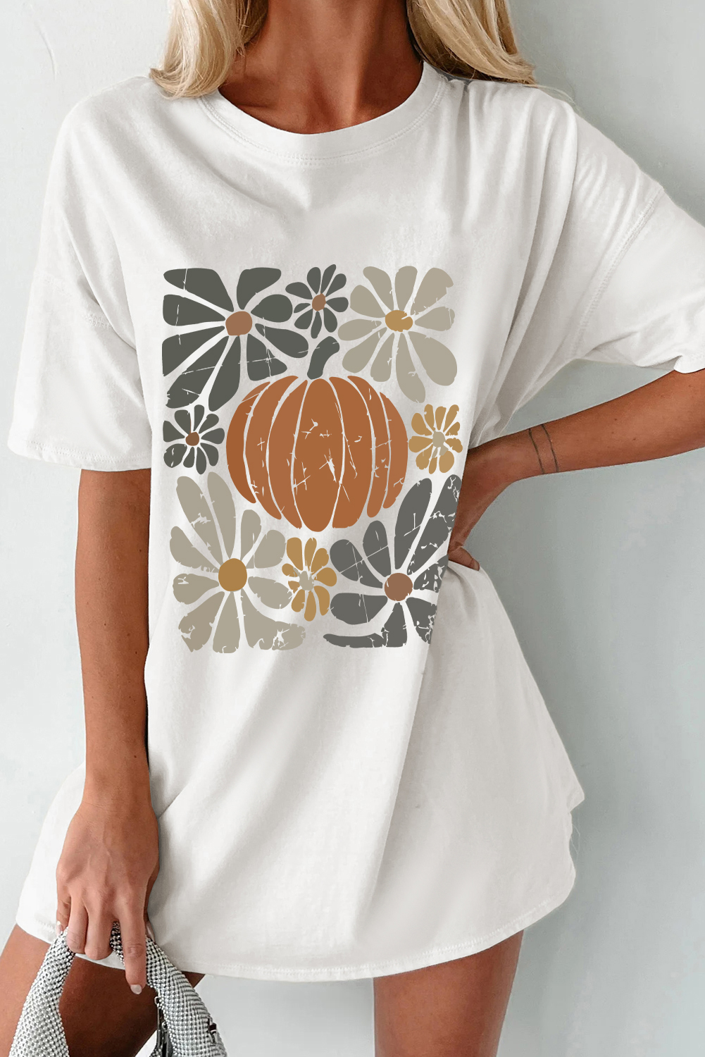 White Thanksgiving Pumpkin Print Loose Crewneck Tunic T Shirt - loveforevers