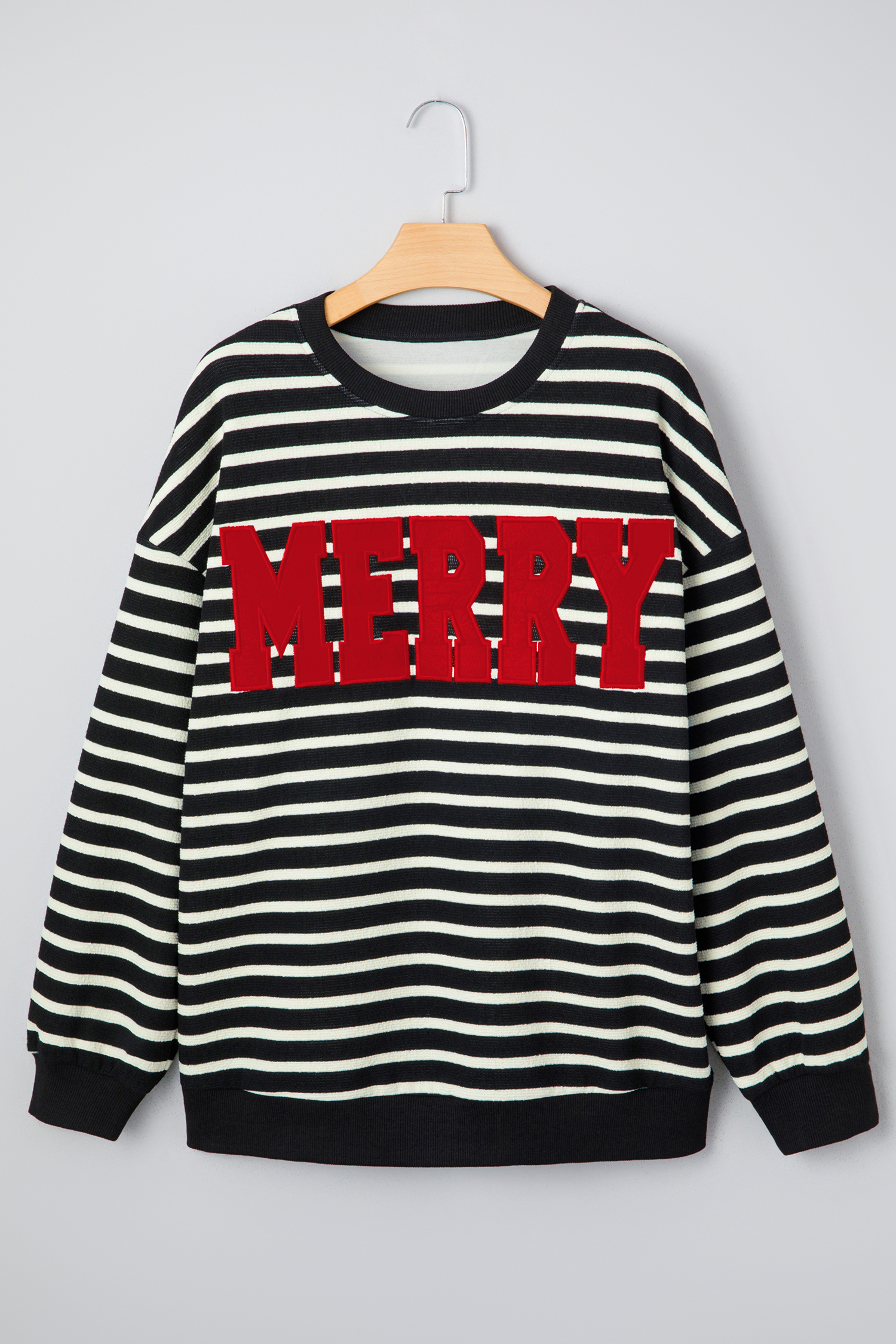 White Stripe Contrast MERRY Letter Christmas Print Drop Shoulder Sweatshirt - loveforevers