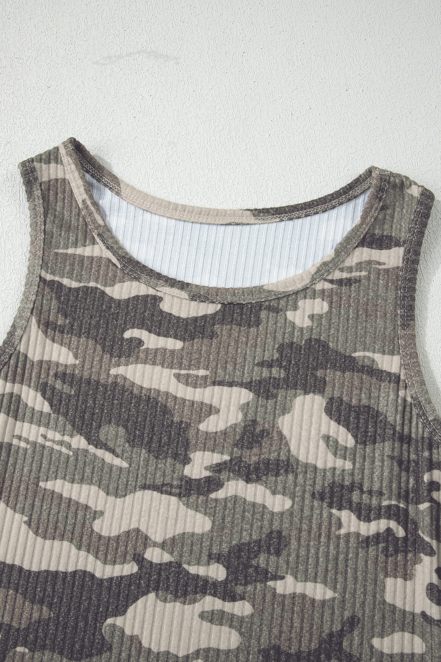 Gray Camouflage Print Ribbed Knit Round Neck Tank Top - loveforevers