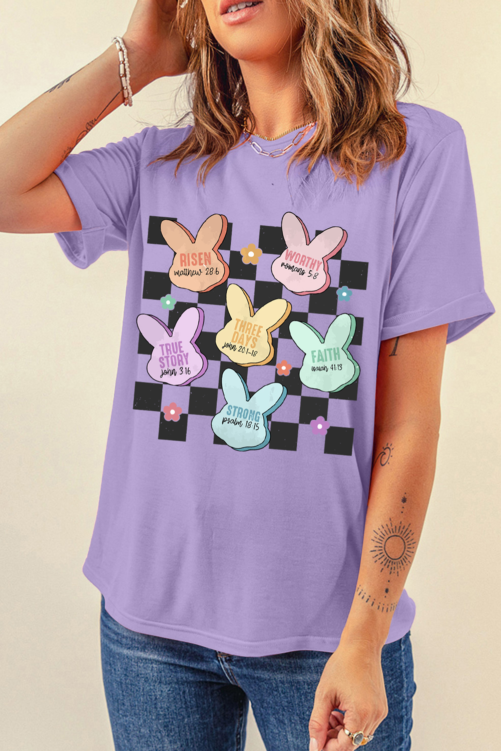 Wisteria Bunny Bible Verses Checkered Print Easter T Shirt - loveforevers