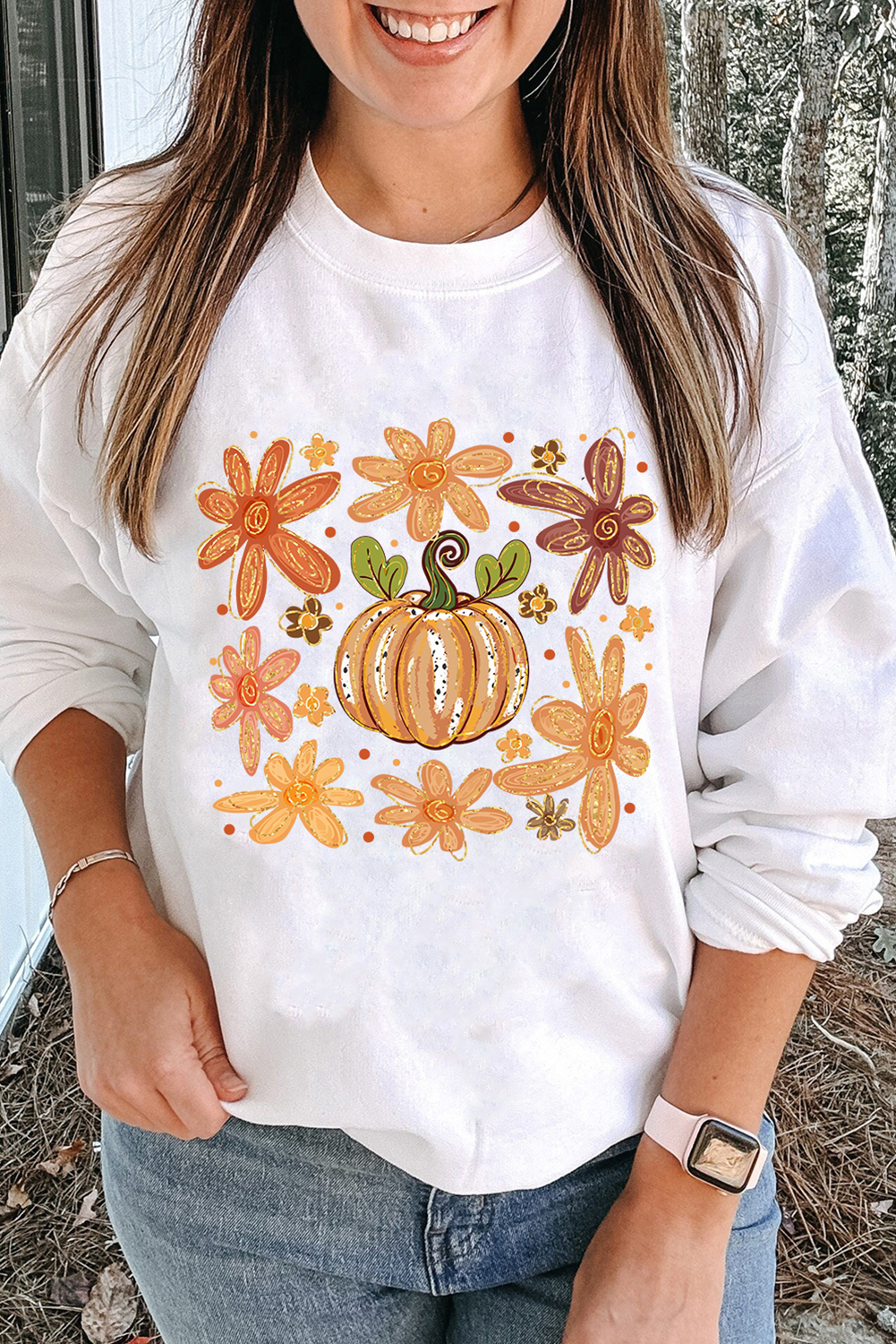 White Flower Pumpkin Printed Cotton Blend Sweatshirt - loveforevers