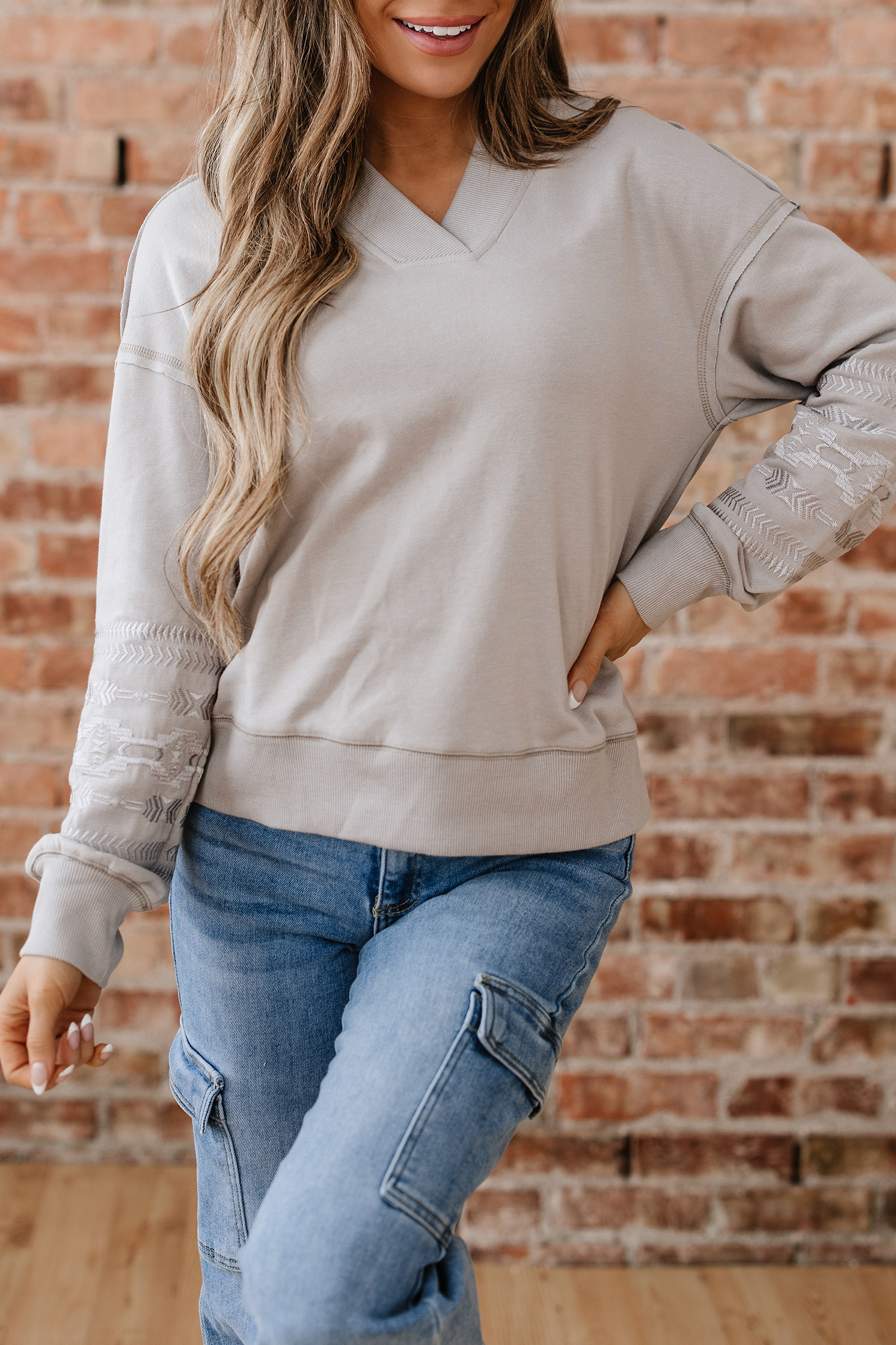 Parchment Aztec Embroidered Western V Neck Sweatshirt - loveforevers