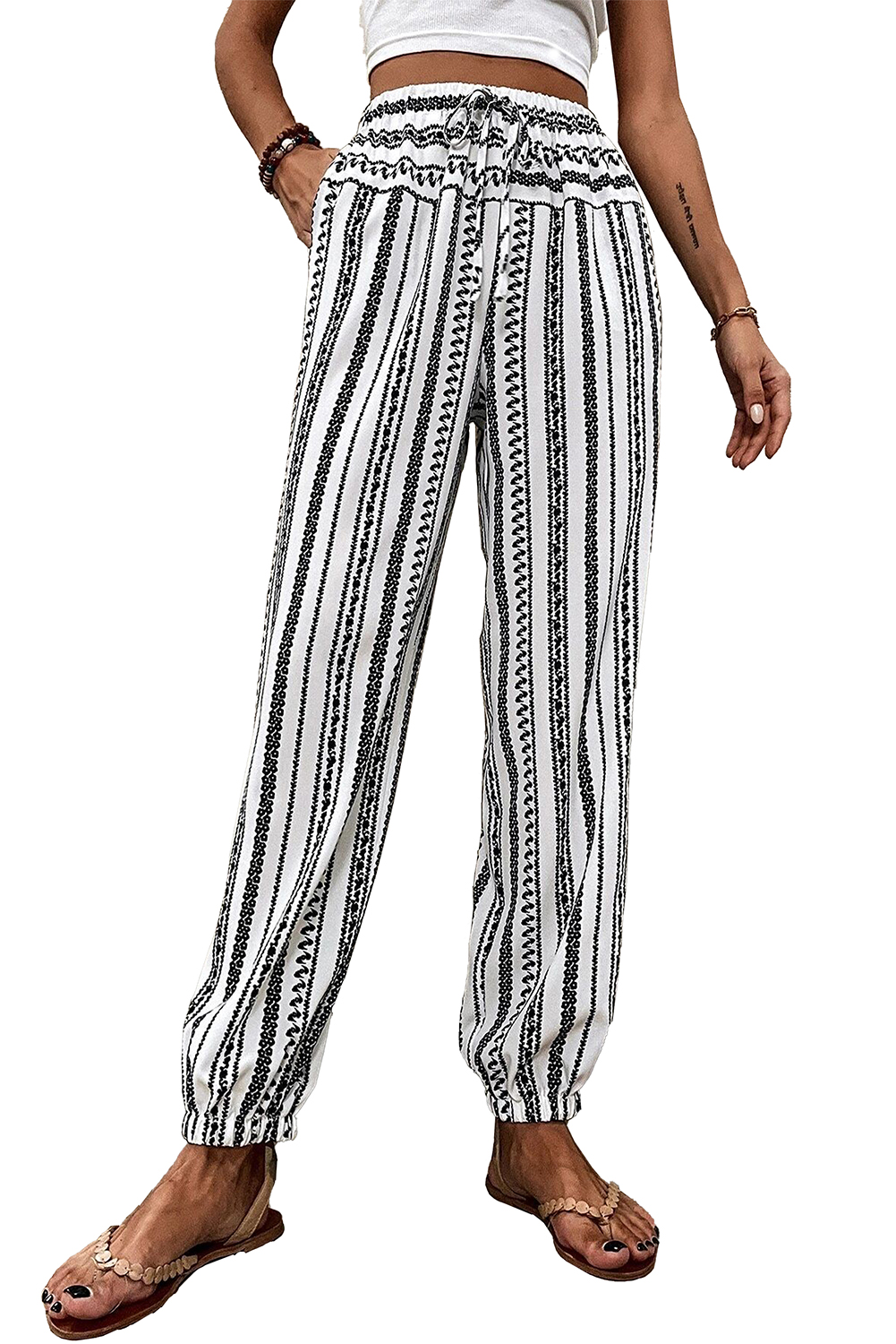 Black Stripe Boho Print Drawstring Elastic Waistband Casual Joggers - loveforevers