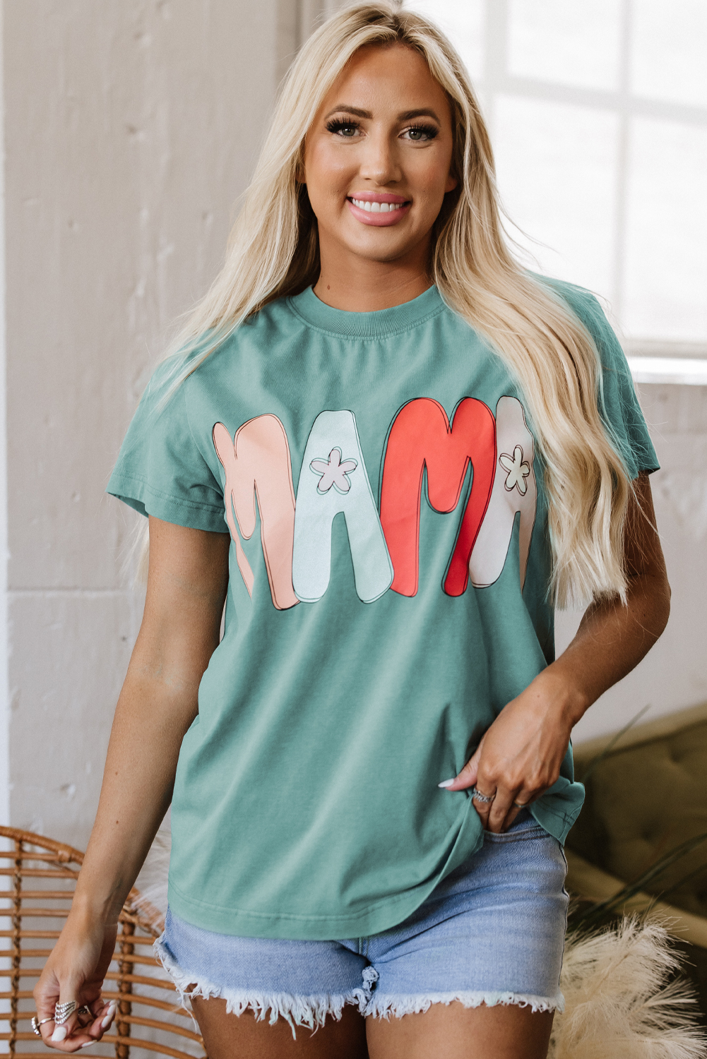 Sea Green MAMA Printed Mineral Wash Crewneck T Shirt - loveforevers