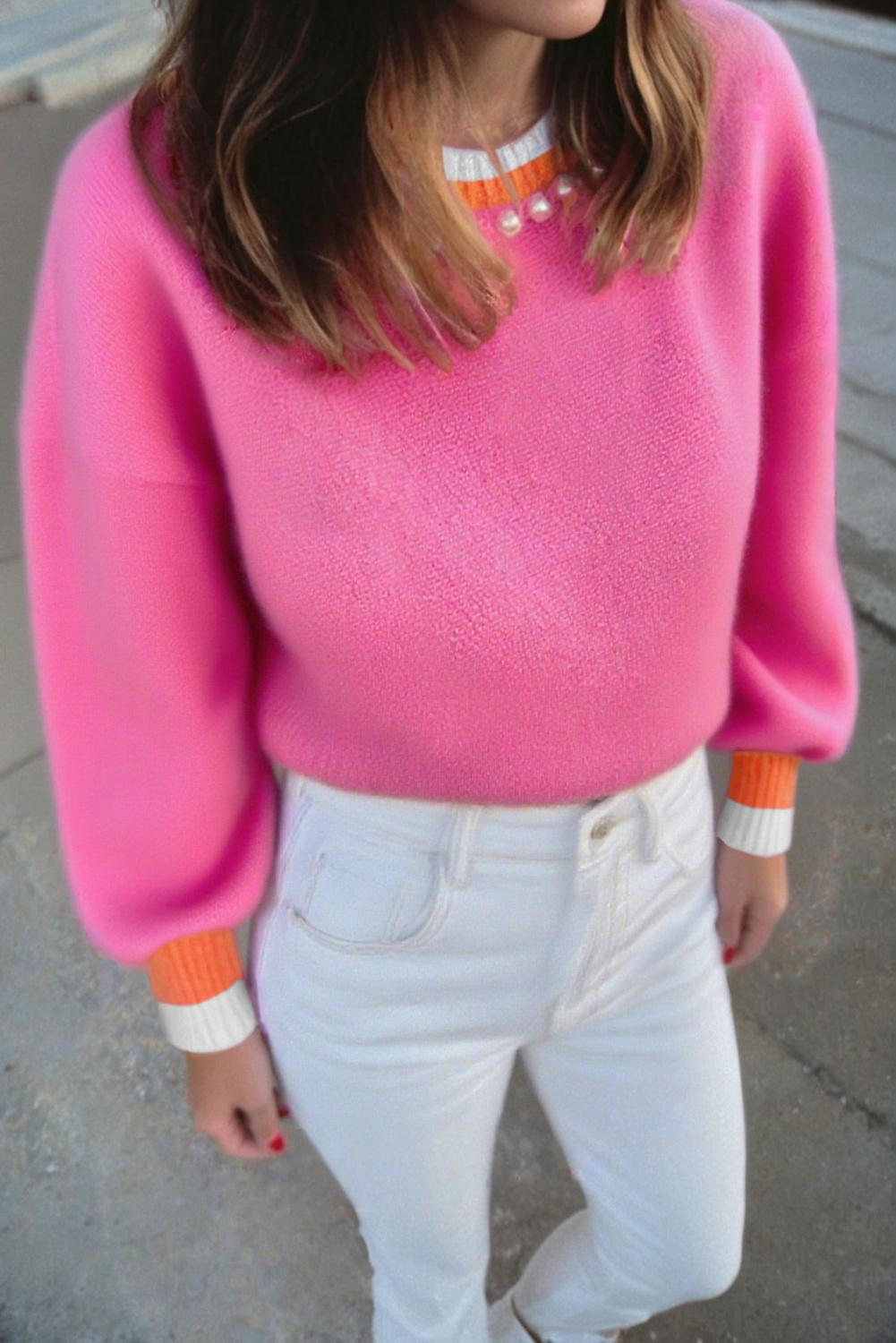 Sachet Pink Contrast Crew Neck Pearled Decor Drop Shoulder Knit Sweater - loveforevers