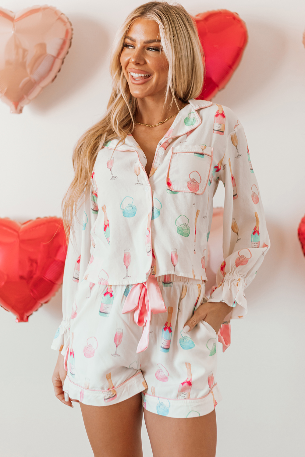 White Christmas Wine Glass Print Bow Knot Two Piece Pajama Set - loveforevers