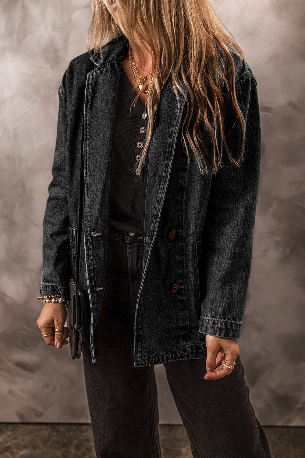 Black Side Pockets Lapel Collar Denim Jacket - loveforevers