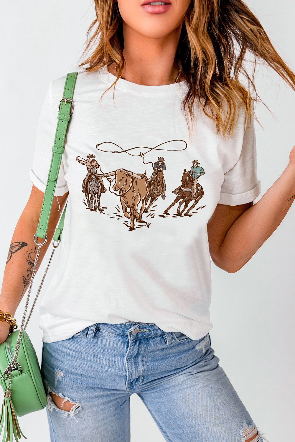 White Retro Cowboy Roping Cotton Blend Graphic Tee - loveforevers
