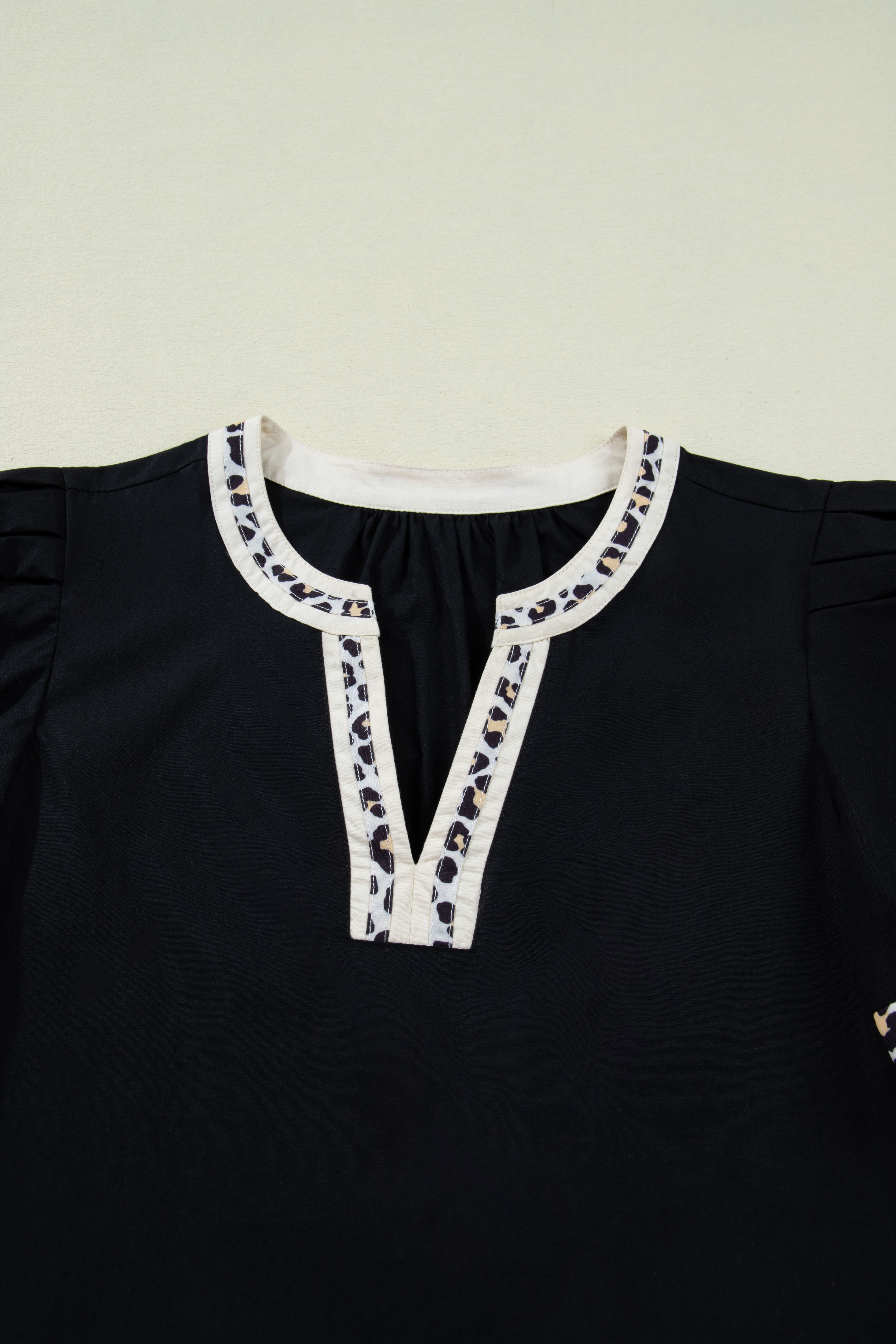 Buckskin Contrast Leopard Trim Split Neck Puff Sleeve Blouse - loveforevers