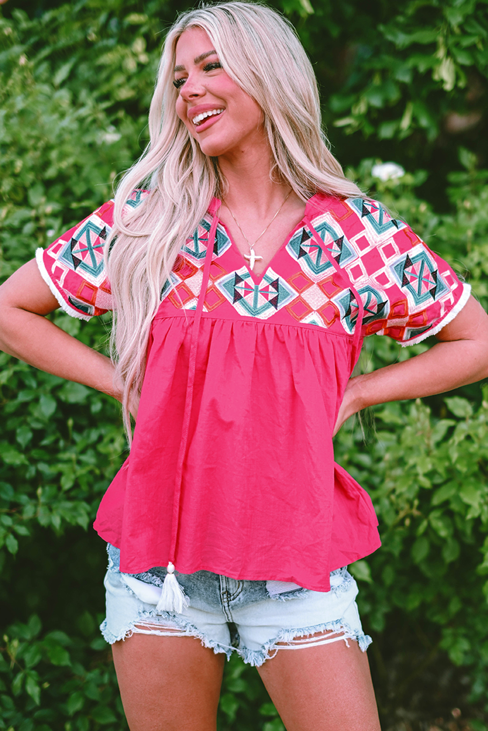 Strawberry Pink Geometric Embroidered Tassel Tie V Neck Blouse - loveforevers