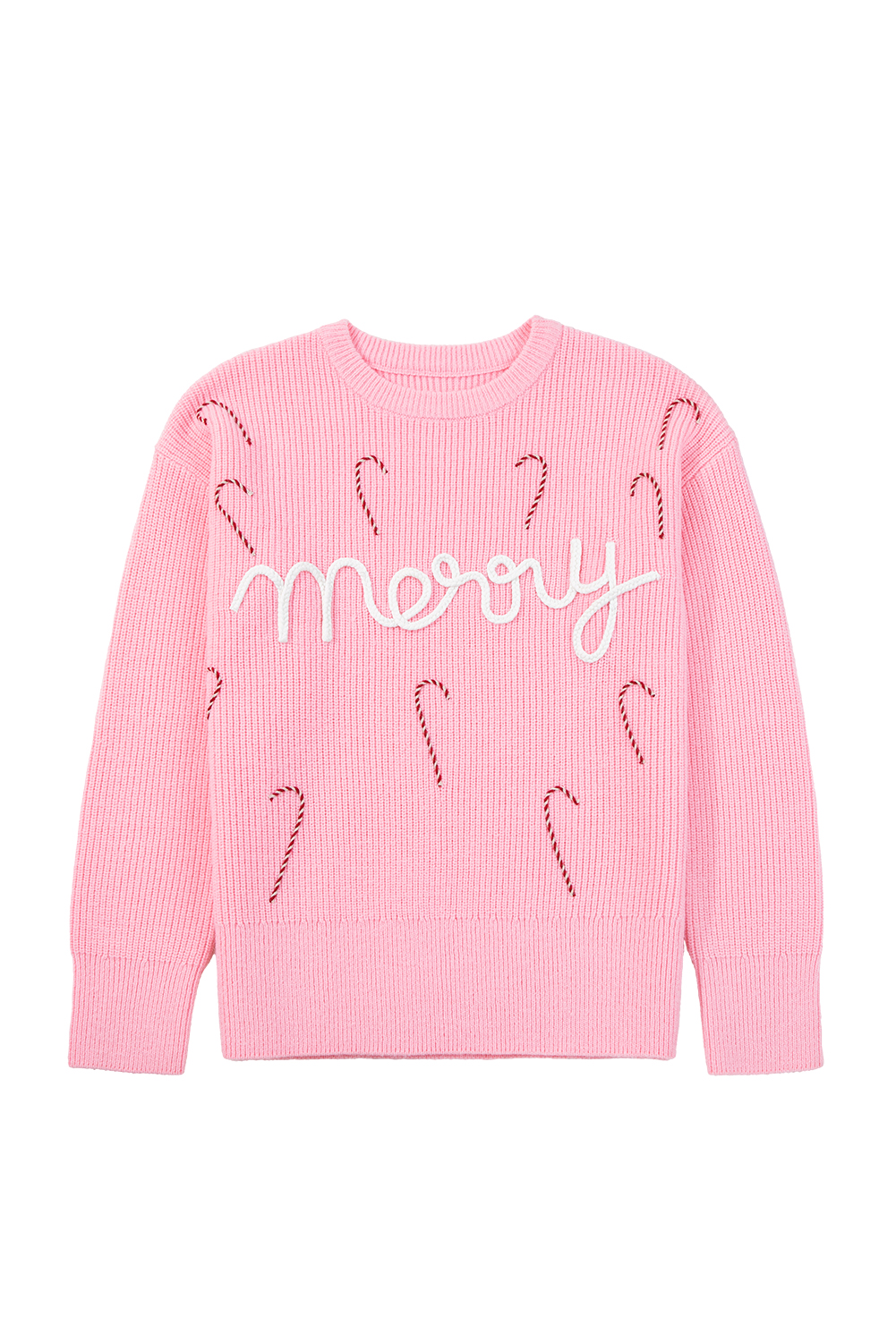 Pink Merry Candy Cane Puffy Knit Crew Neck Sweater - loveforevers