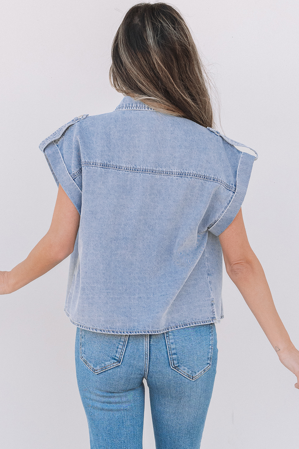 Dusk Blue Denim Pinup Folded Cap Sleeve Shirt - loveforevers
