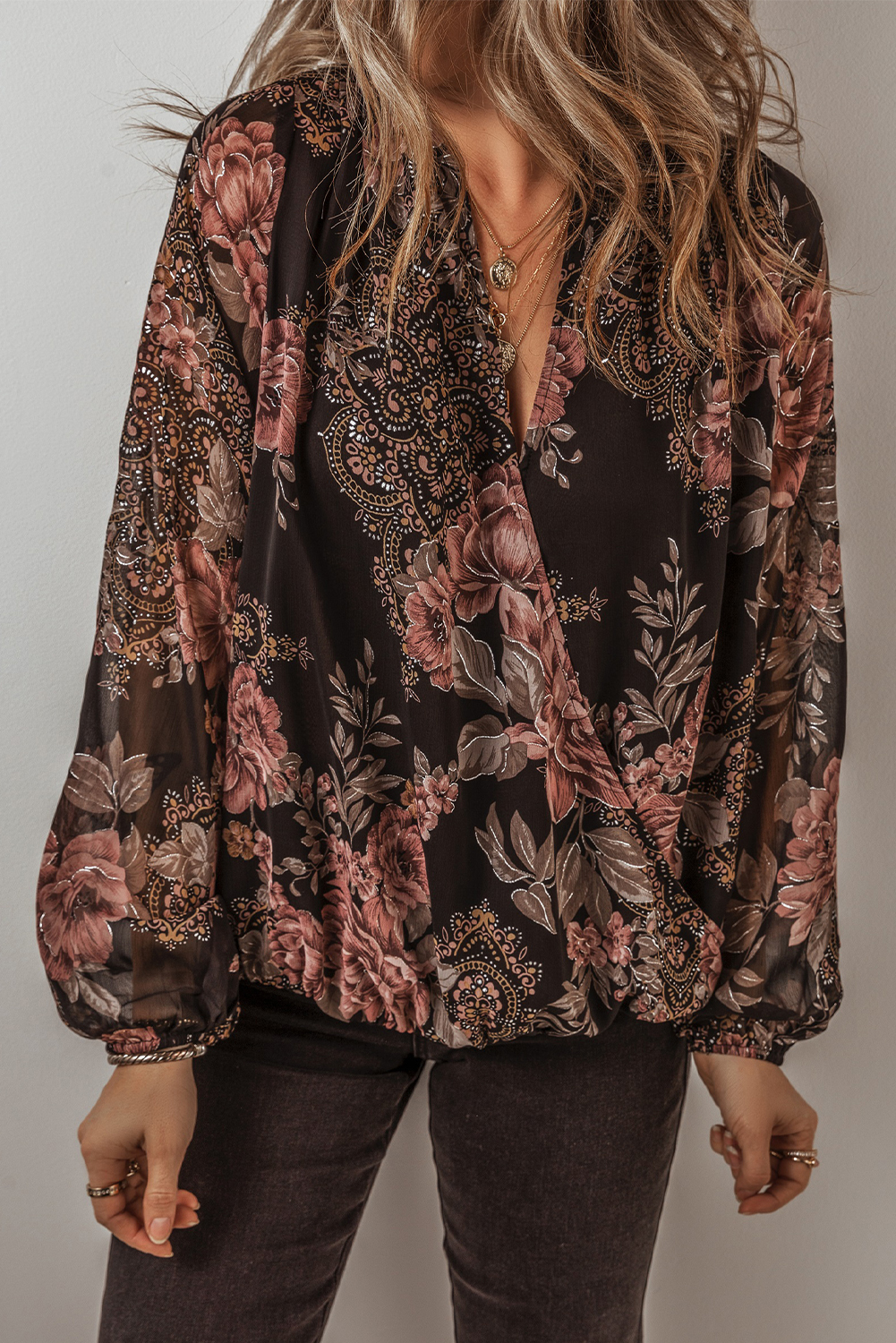 Black Floral Print Criss Cross V Neck Balloon Sleeve Blouse - loveforevers