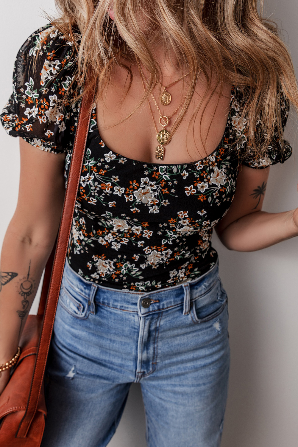 Black Floral Print U Neck Short Puff Sleeve Bodysuit - loveforevers