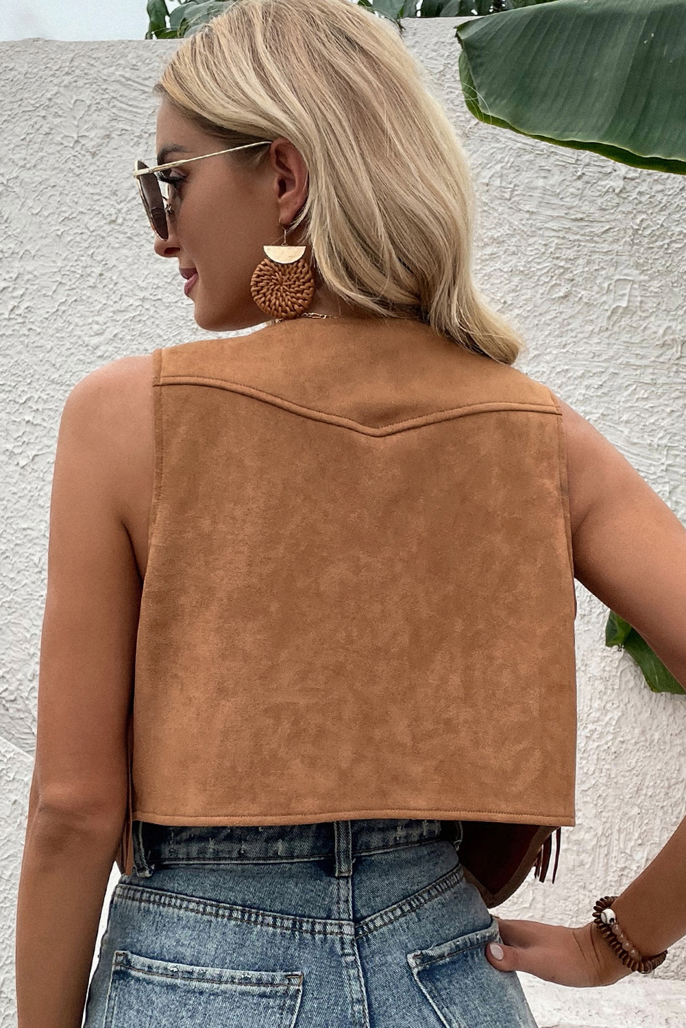 Camel Fringed Snap Button Front Suedette Vest - loveforevers