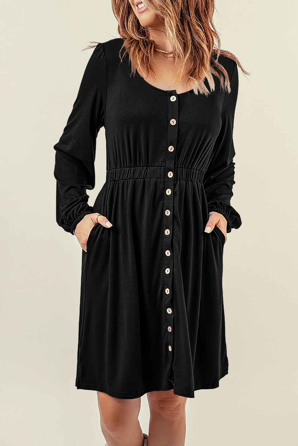 Black Button Up High Waist Long Sleeve Dress - loveforevers