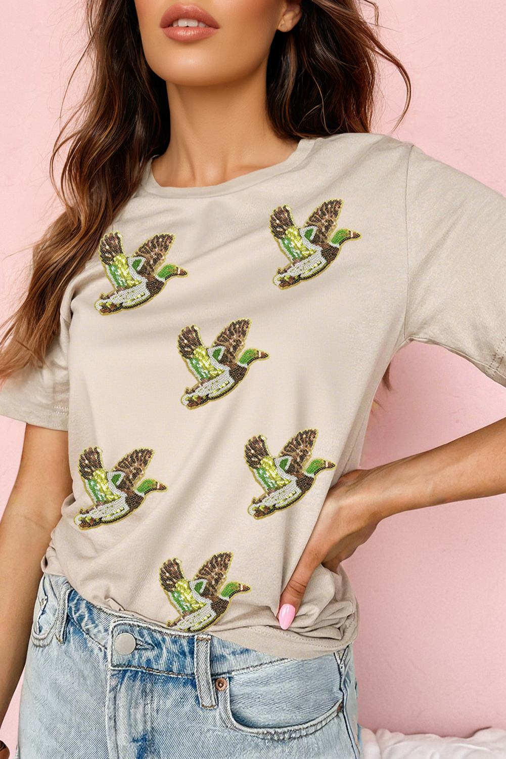 Khaki Flying Mallard Sequin Patched Graphic Tee - loveforevers