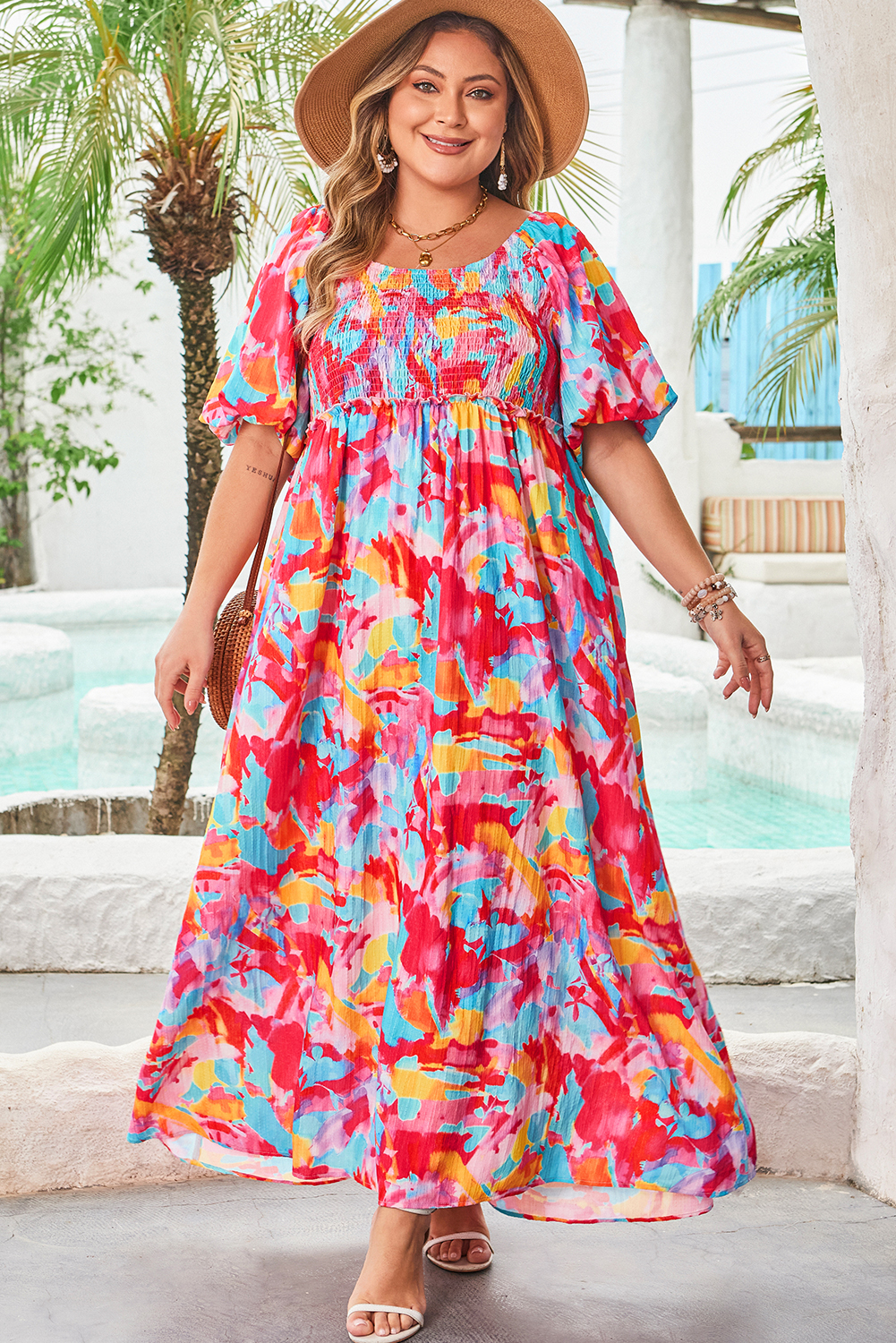 Rose Abstract Printed Puff Sleeve Square Neck Smocked Bust Tied Back Plus Size Dress - loveforevers