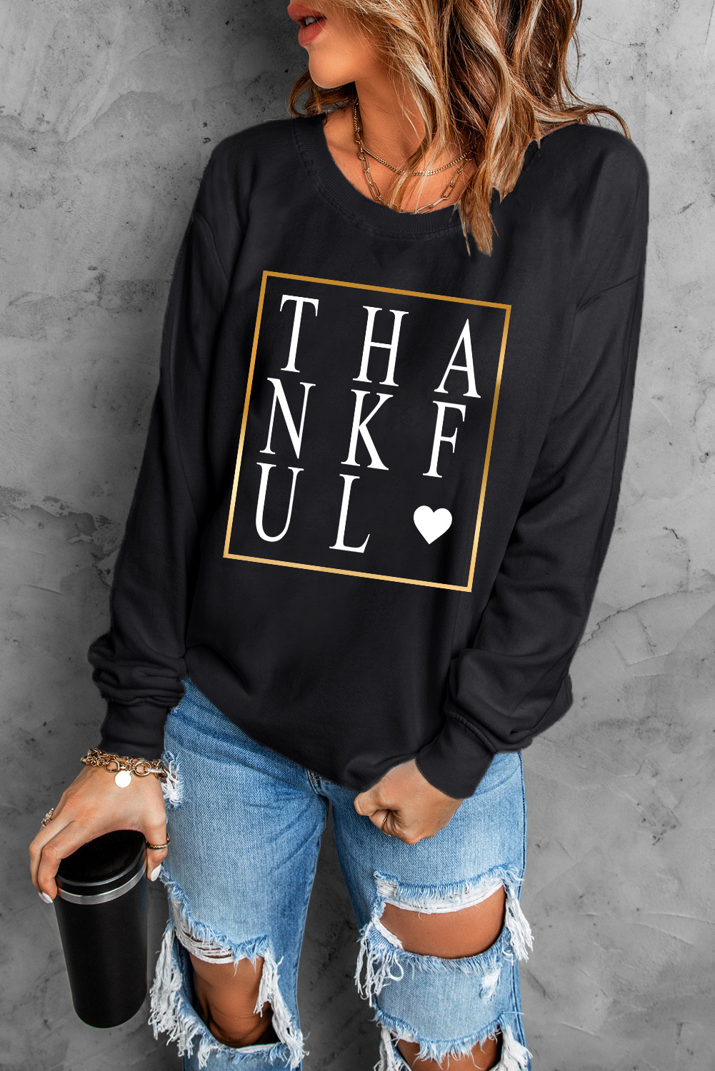 Black THANKFUL Heart Print Long Sleeve Sweatshirt - loveforevers