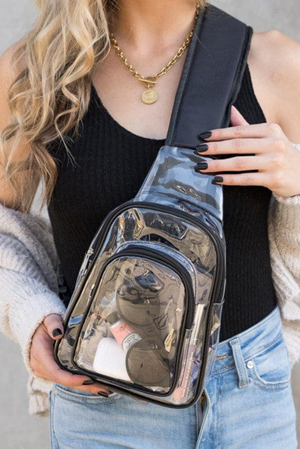 Black Clear PVC Wide Strap Zipper Crossbody Bag - loveforevers